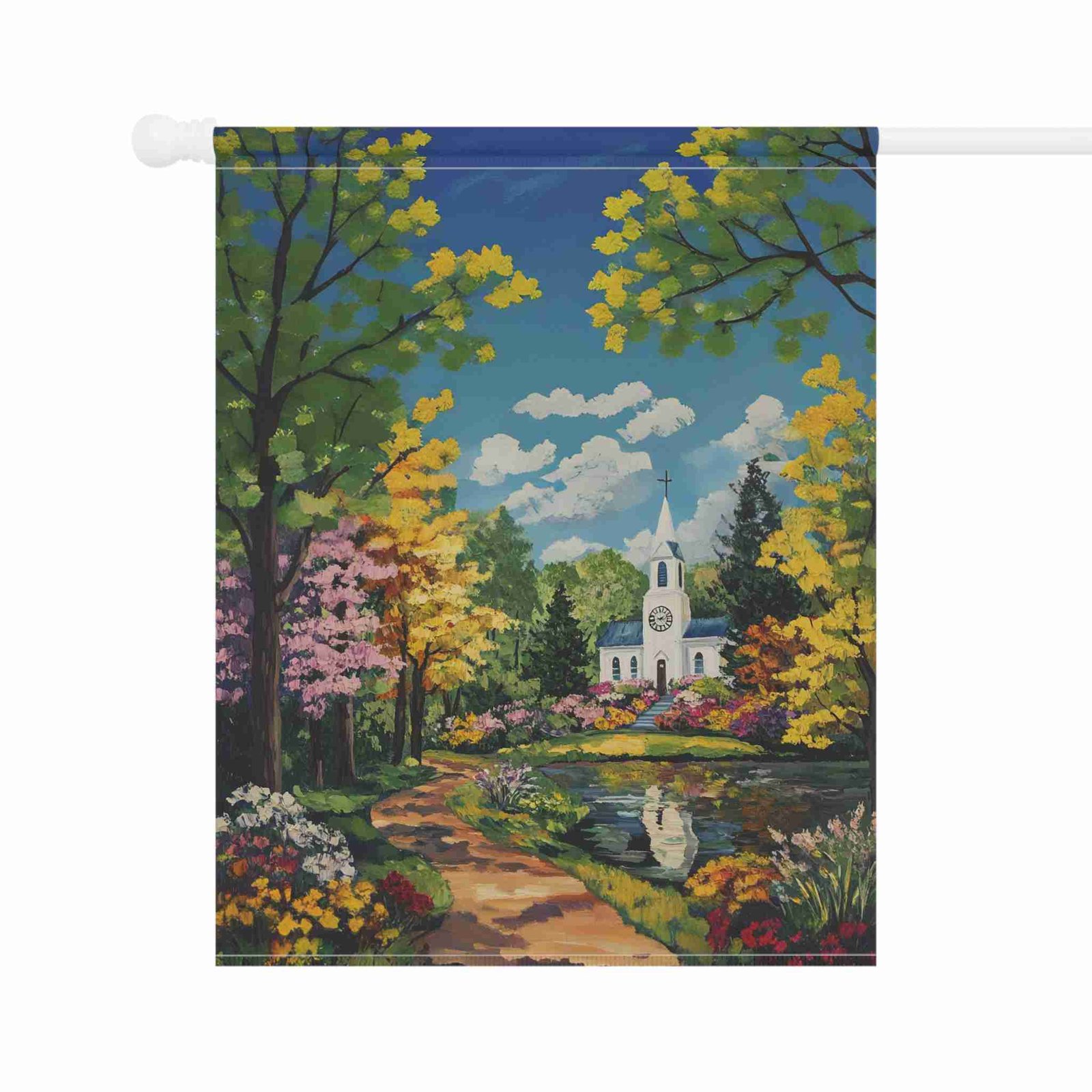 Bright Flower and White Church Garden Flag - Image 7