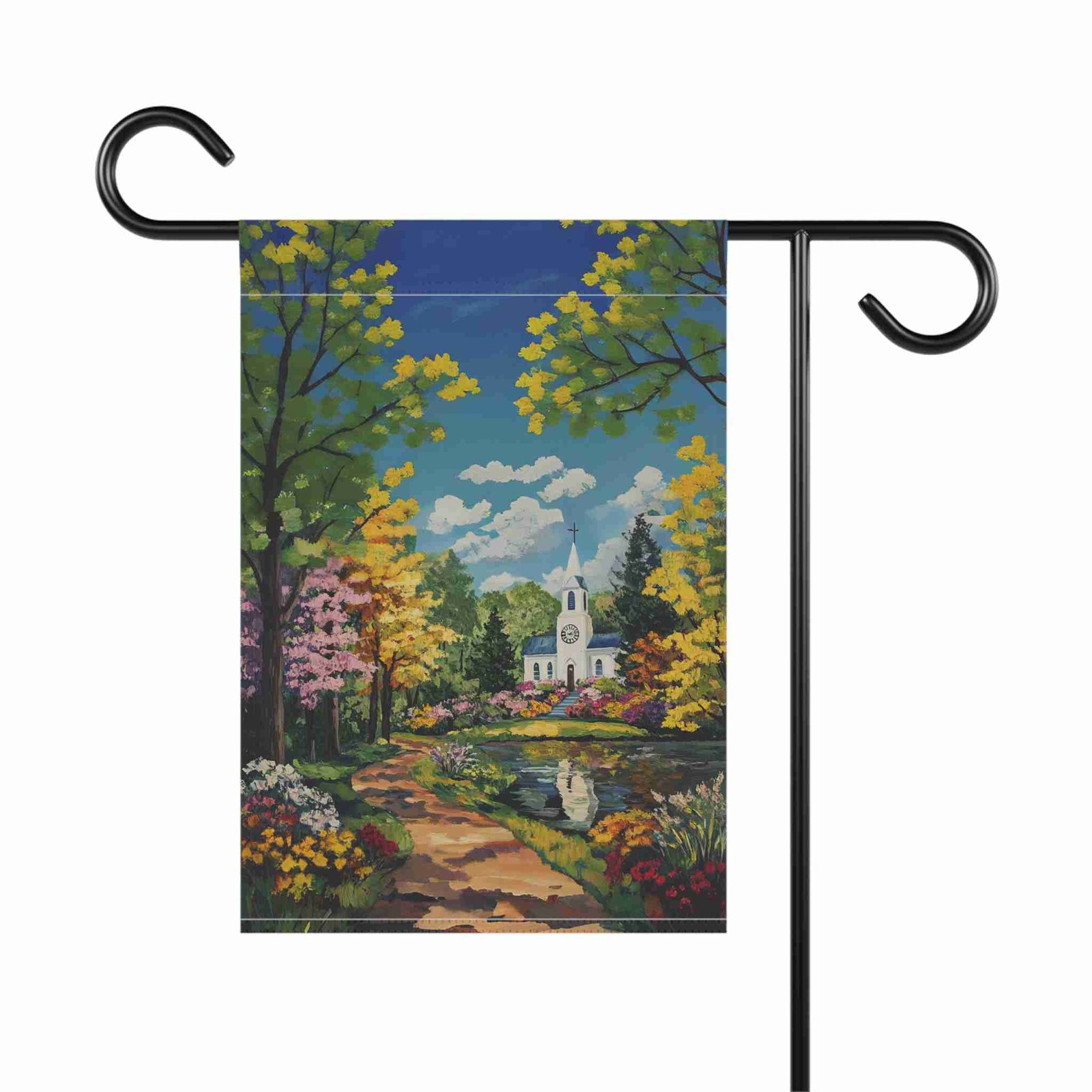 Bright Flower and White Church Garden Flag - Image 2