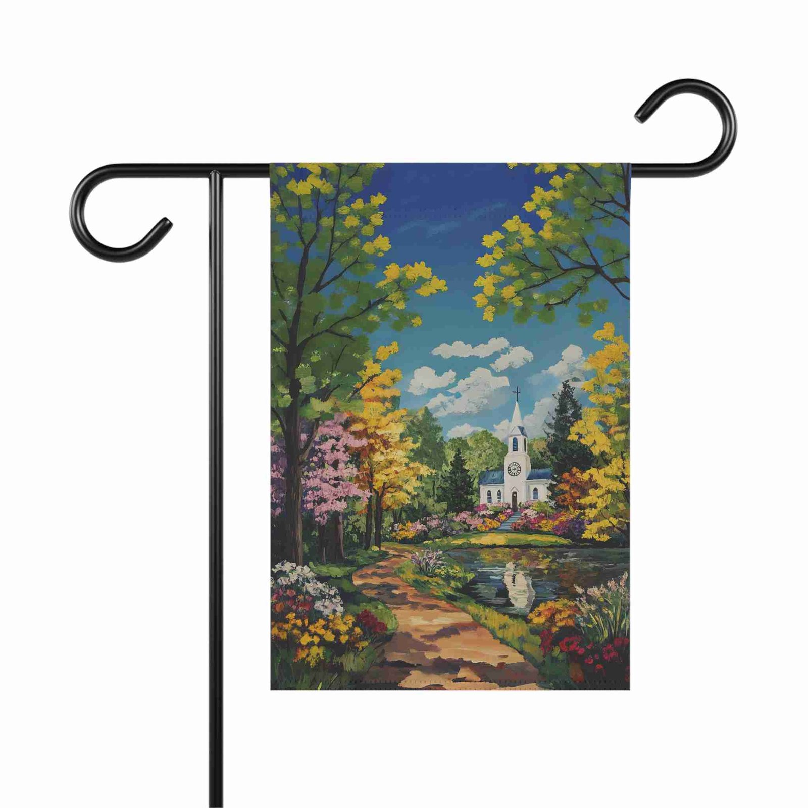 Bright Flower and White Church Garden Flag