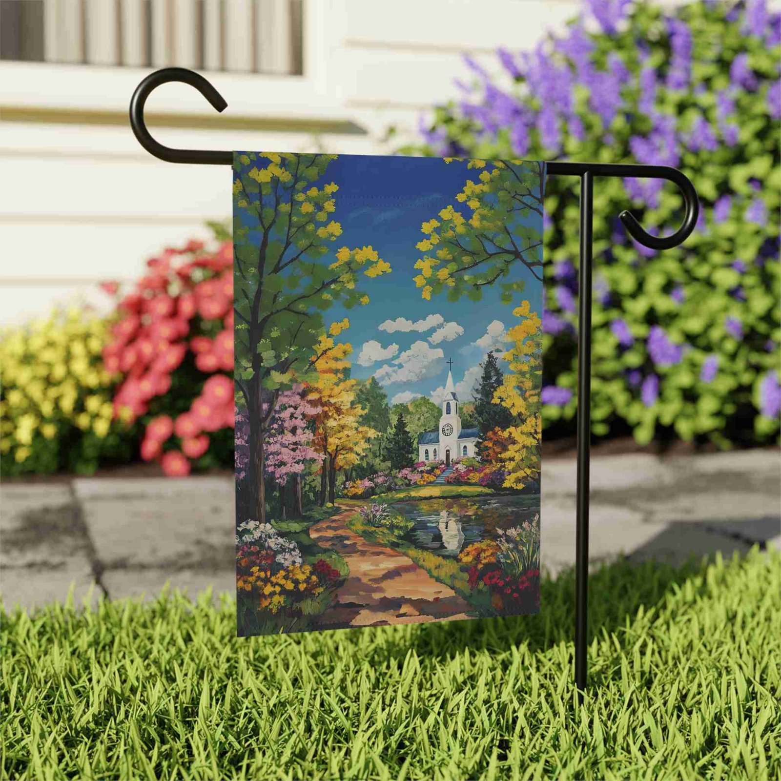 Bright Flower and White Church Garden Flag - Image 5