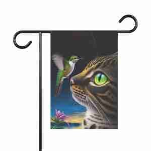 Striped Cat and Hummingbird Garden Flag