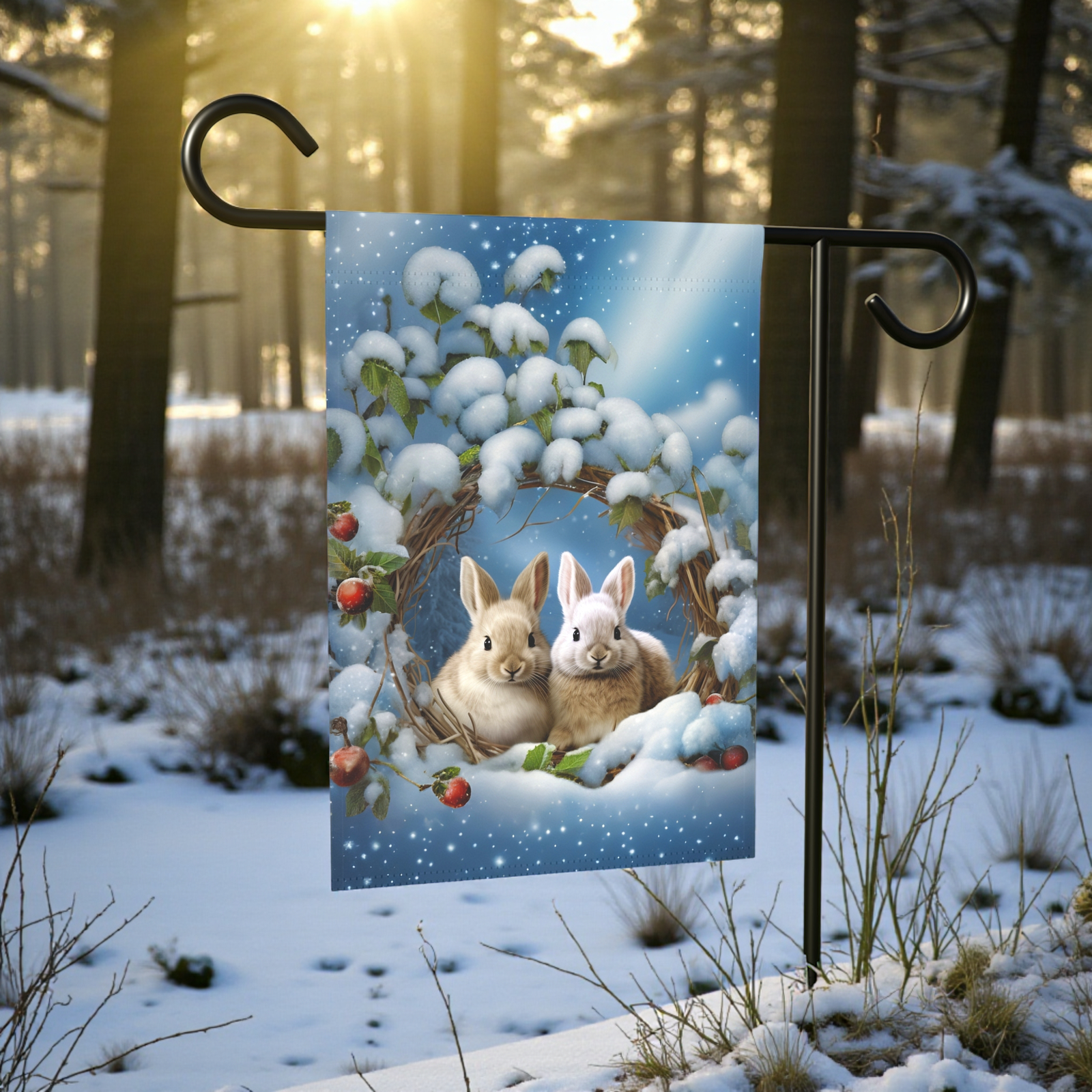 Branch Wreath Rabbit Winter Garden Flag - Image 6