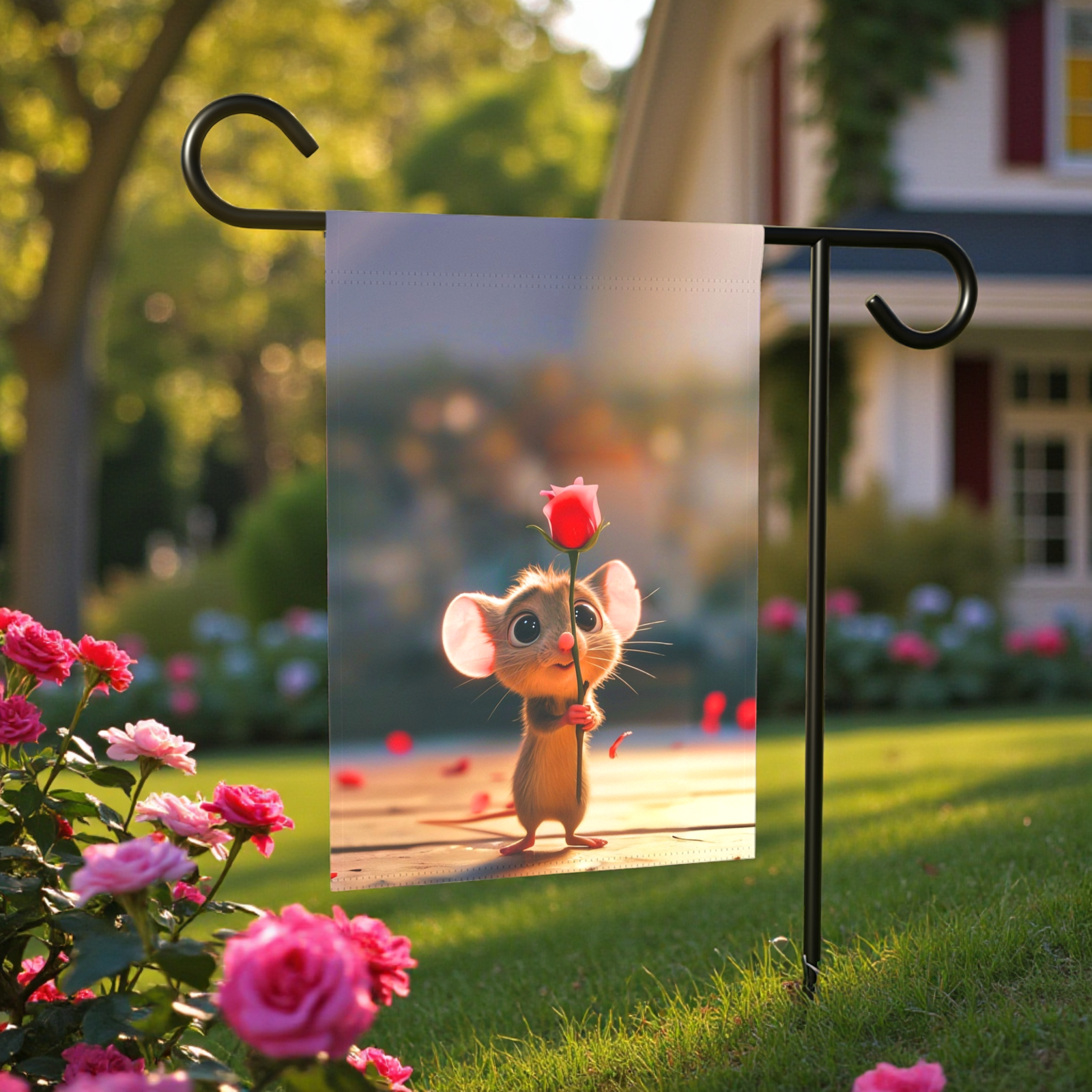 Mouse and Red Rose Valentines Garden Flag