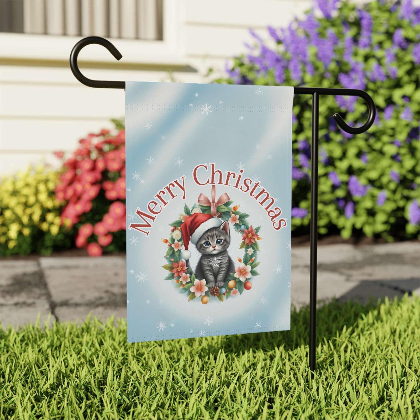 Merry Christmas Cat Wreath Garden Flag - Image 7