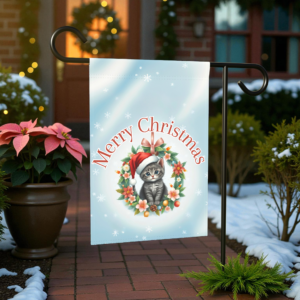 Merry Christmas Cat Wreath Garden Flag