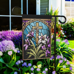 Abstract Cross And Lilies Garden Flag