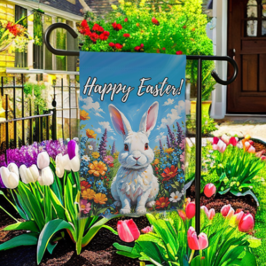 Happy Easter White Bunny and Flowers Garden Flag