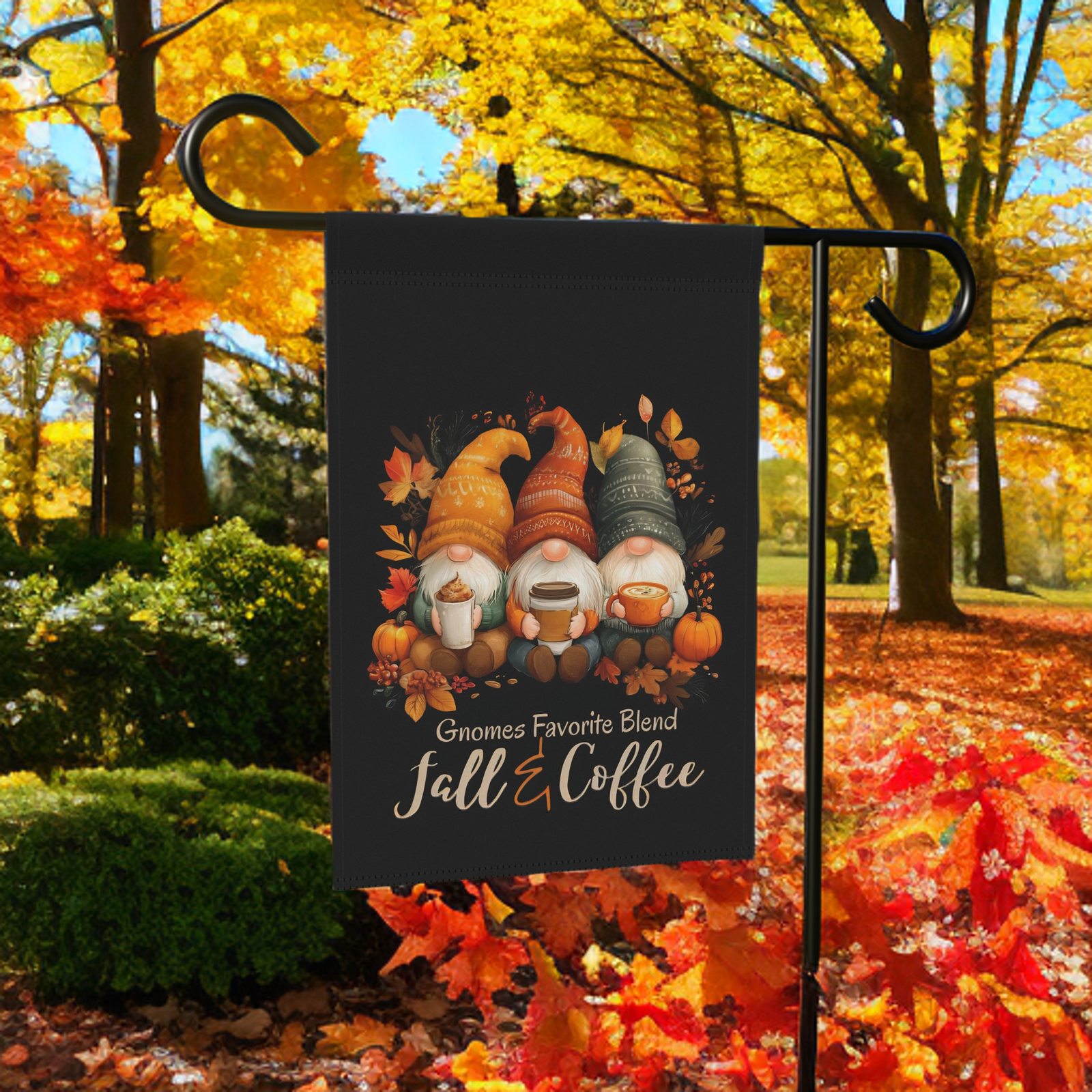Gnomes and Coffee Fall Garden Flag - Image 7