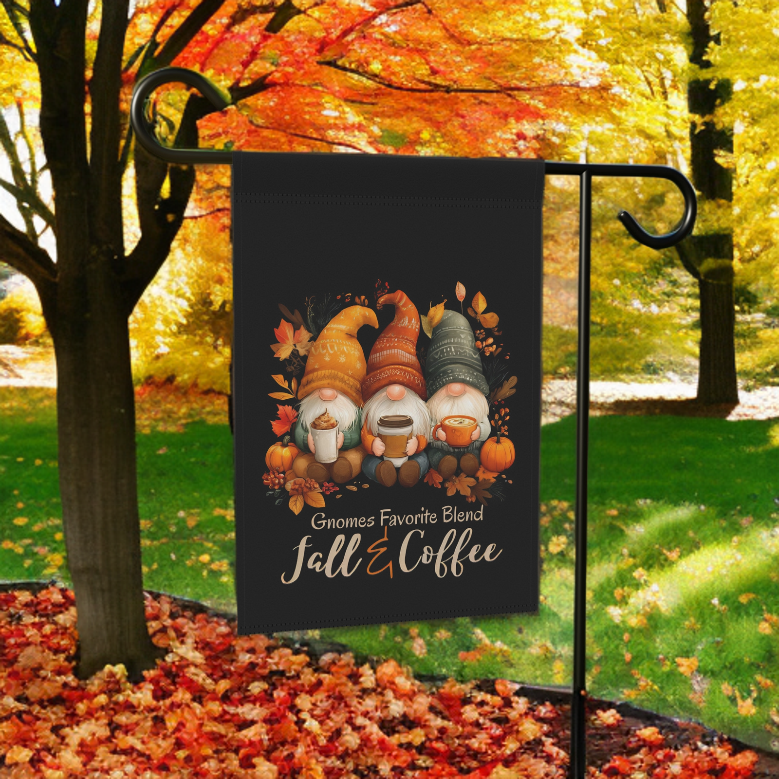 Gnomes and Coffee Fall Garden Flag - Image 6