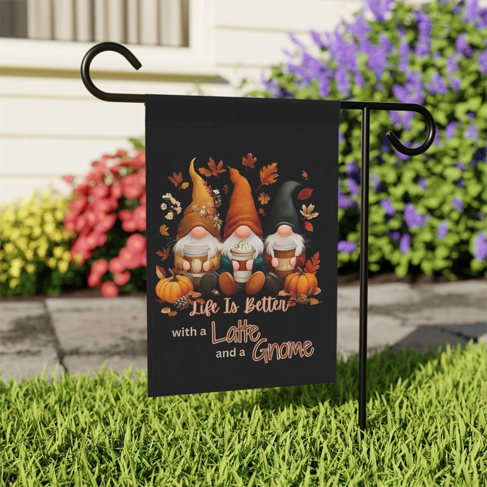 Life Is Better with a Latte and Gnome Fall Garden Flag - Image 8