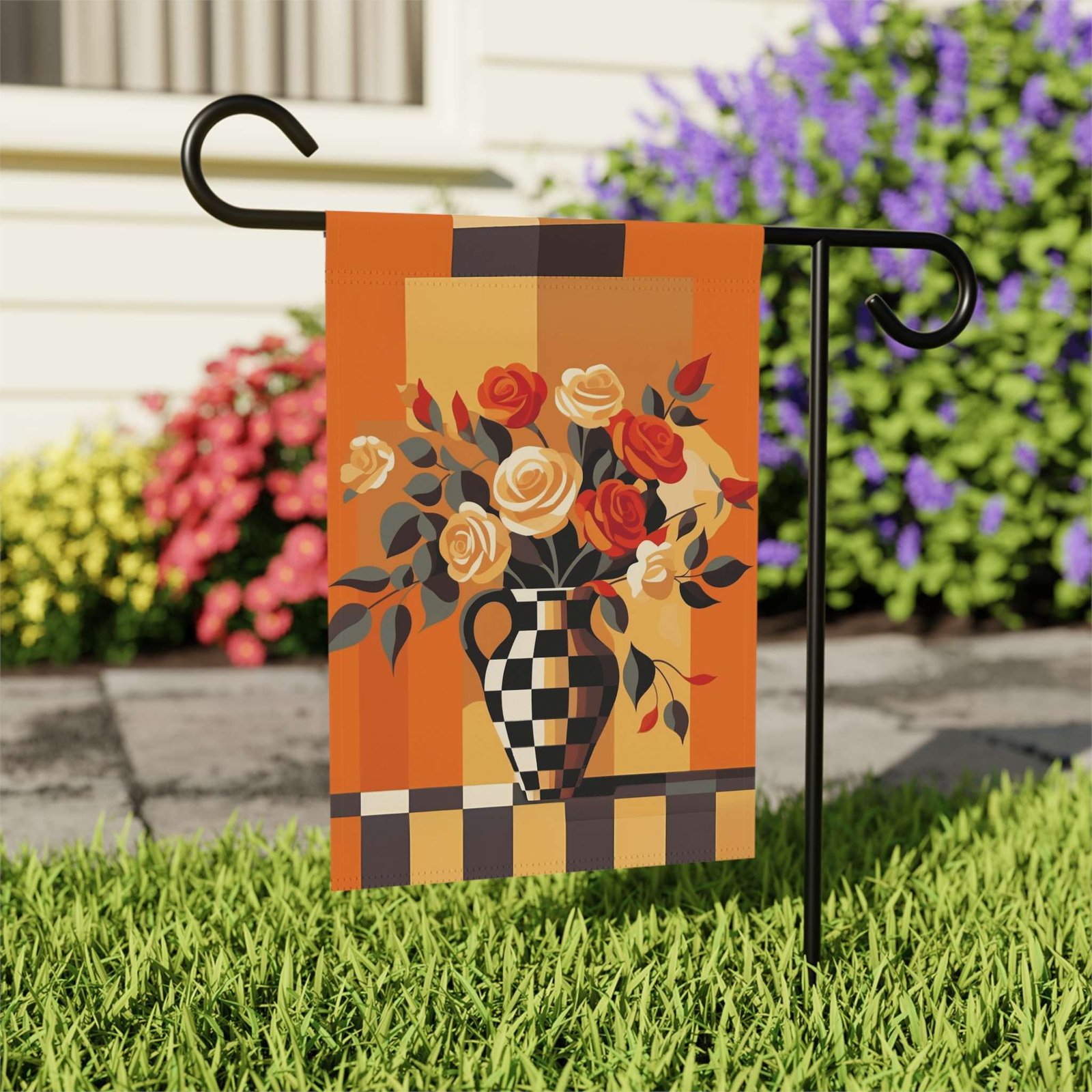 Checkered Vase Abstract Roses Garden Flag - Image 7