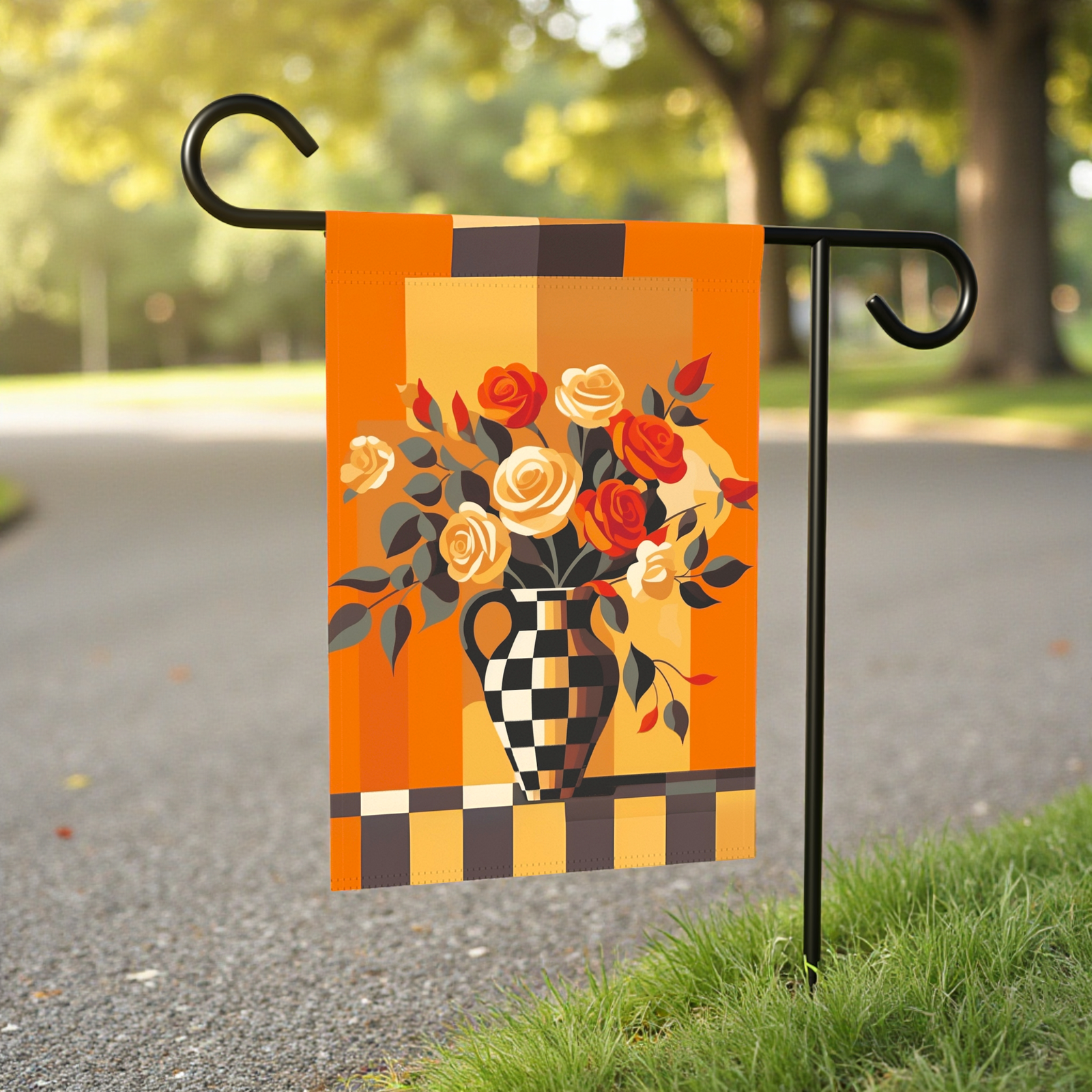 Checkered Vase Abstract Roses Garden Flag - Image 5