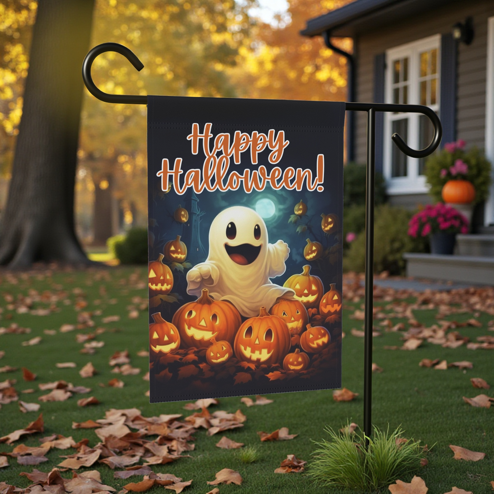 White Ghost and Jack-o-lanterns Garden Flag