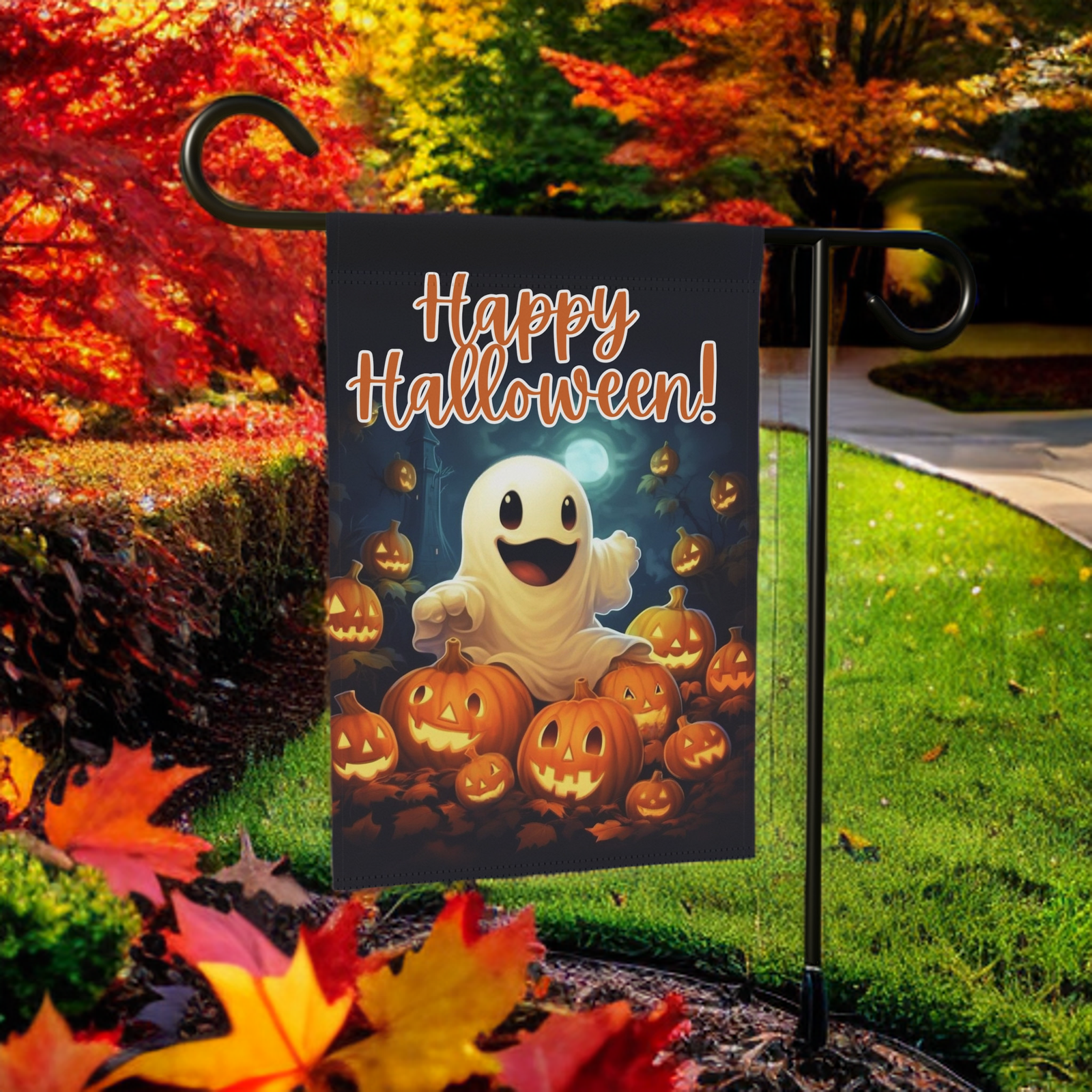 White Ghost and Jack-o-lanterns Garden Flag - Image 5