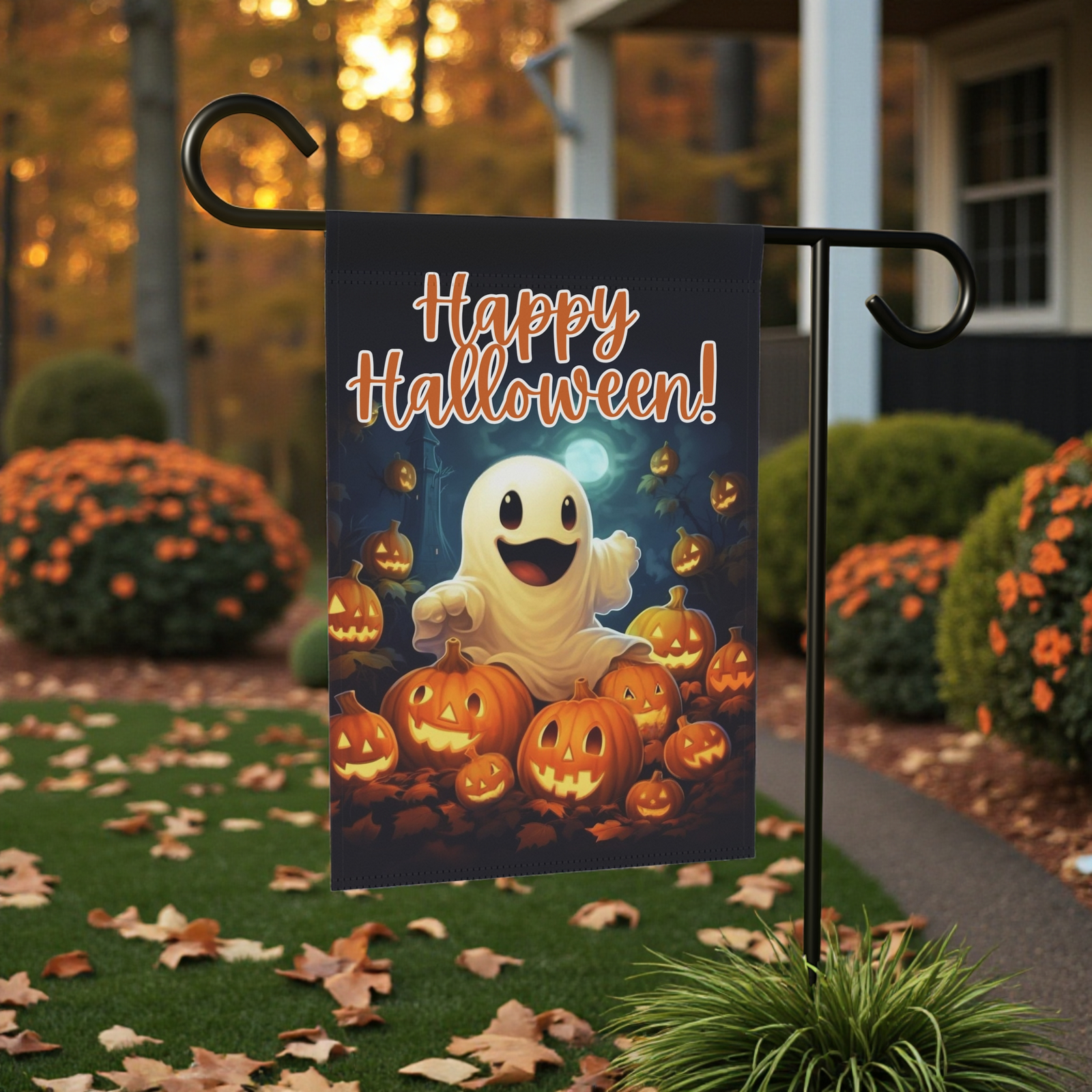 White Ghost and Jack-o-lanterns Garden Flag - Image 6