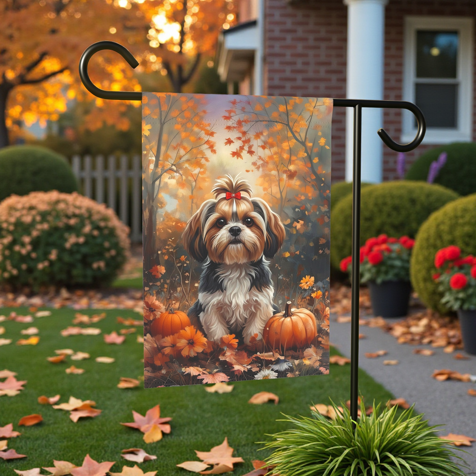 Fall Shih Tzu and Pumpkin Garden Flag