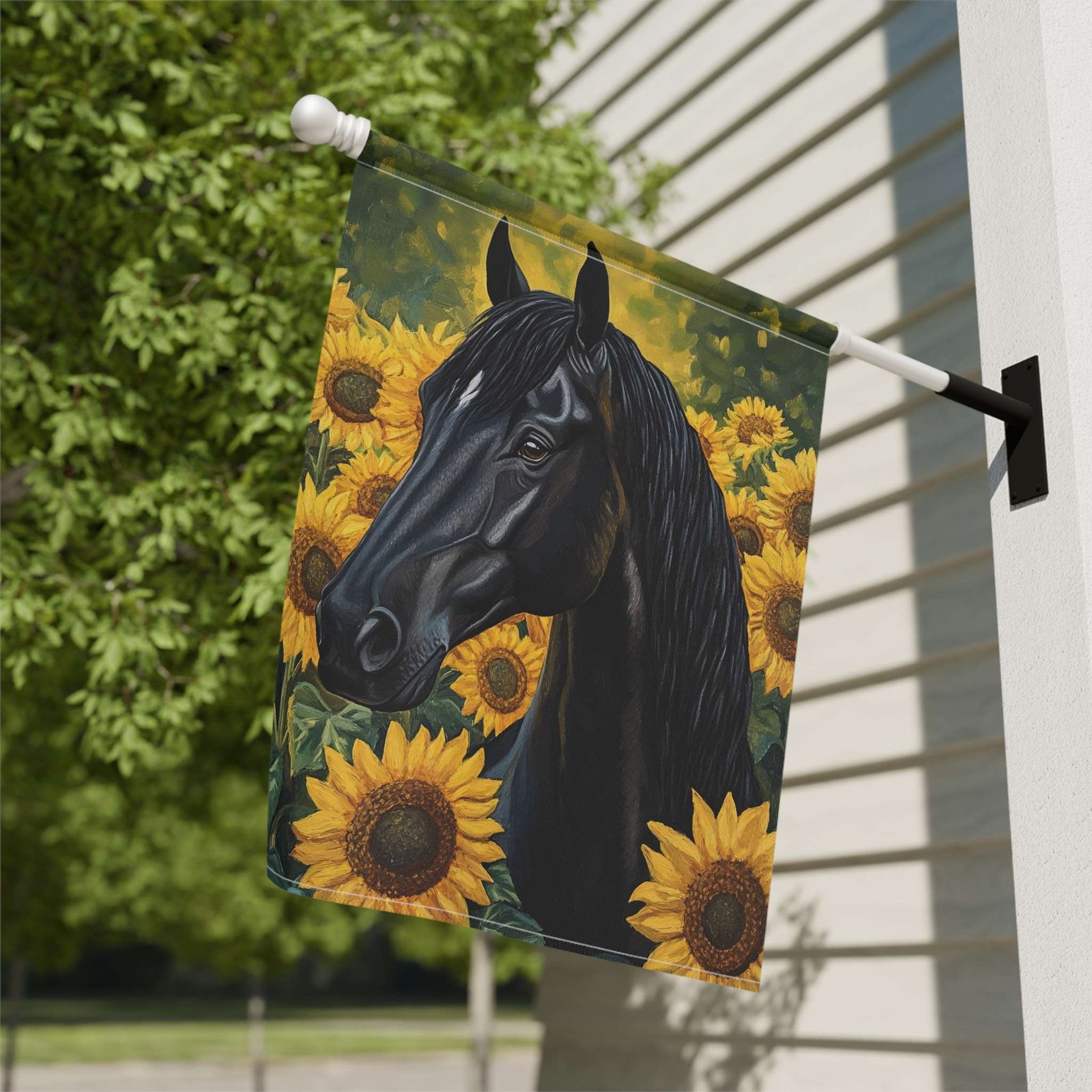 Black Stallion In Sunflowers Garden Flag - Image 8