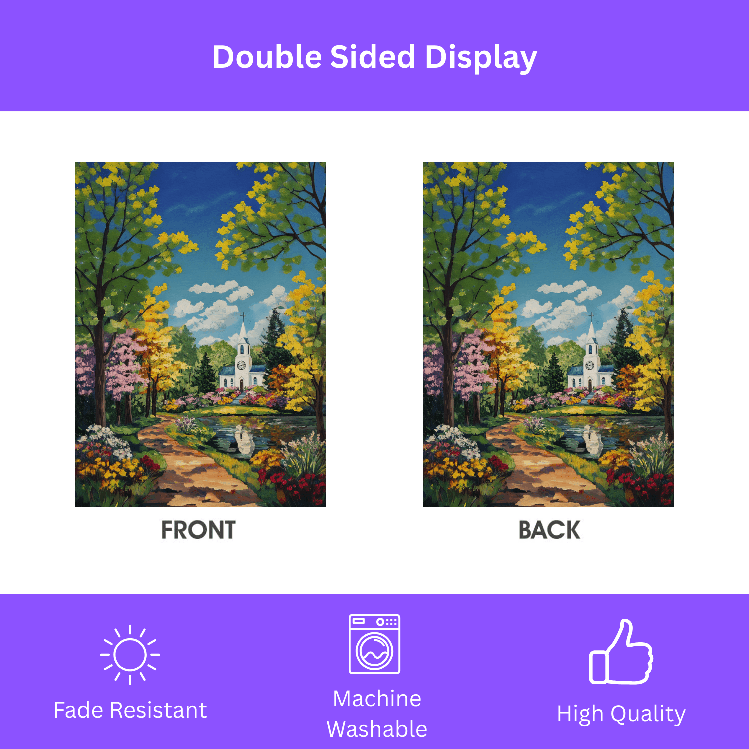 Bright Flower and White Church Garden Flag - Image 2