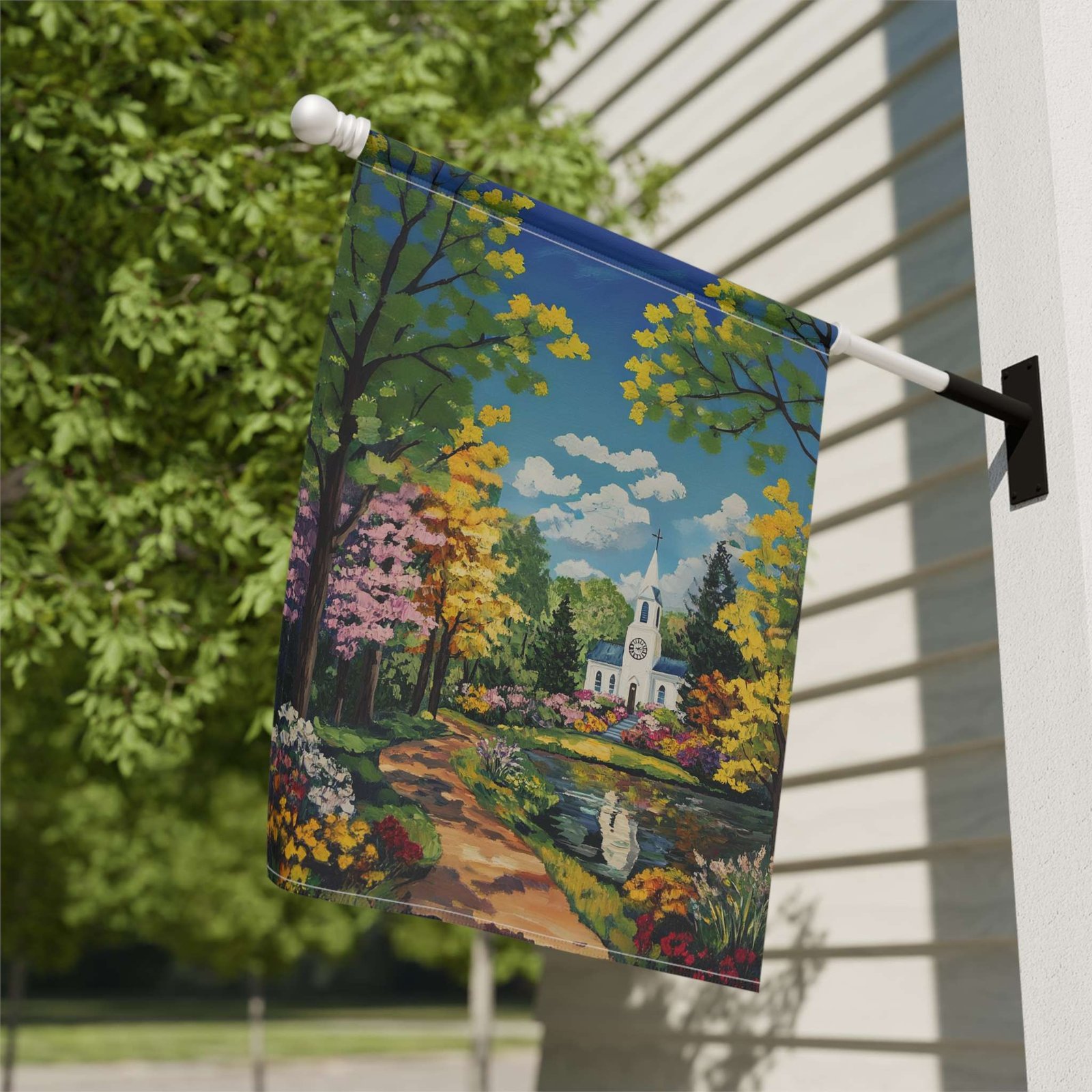 Bright Flower and White Church Garden Flag - Image 8