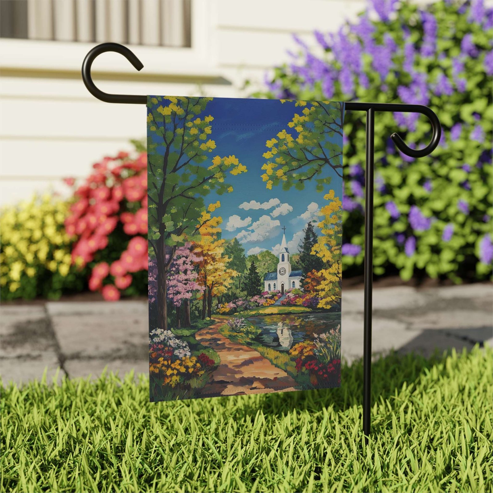 Bright Flower and White Church Garden Flag - Image 7
