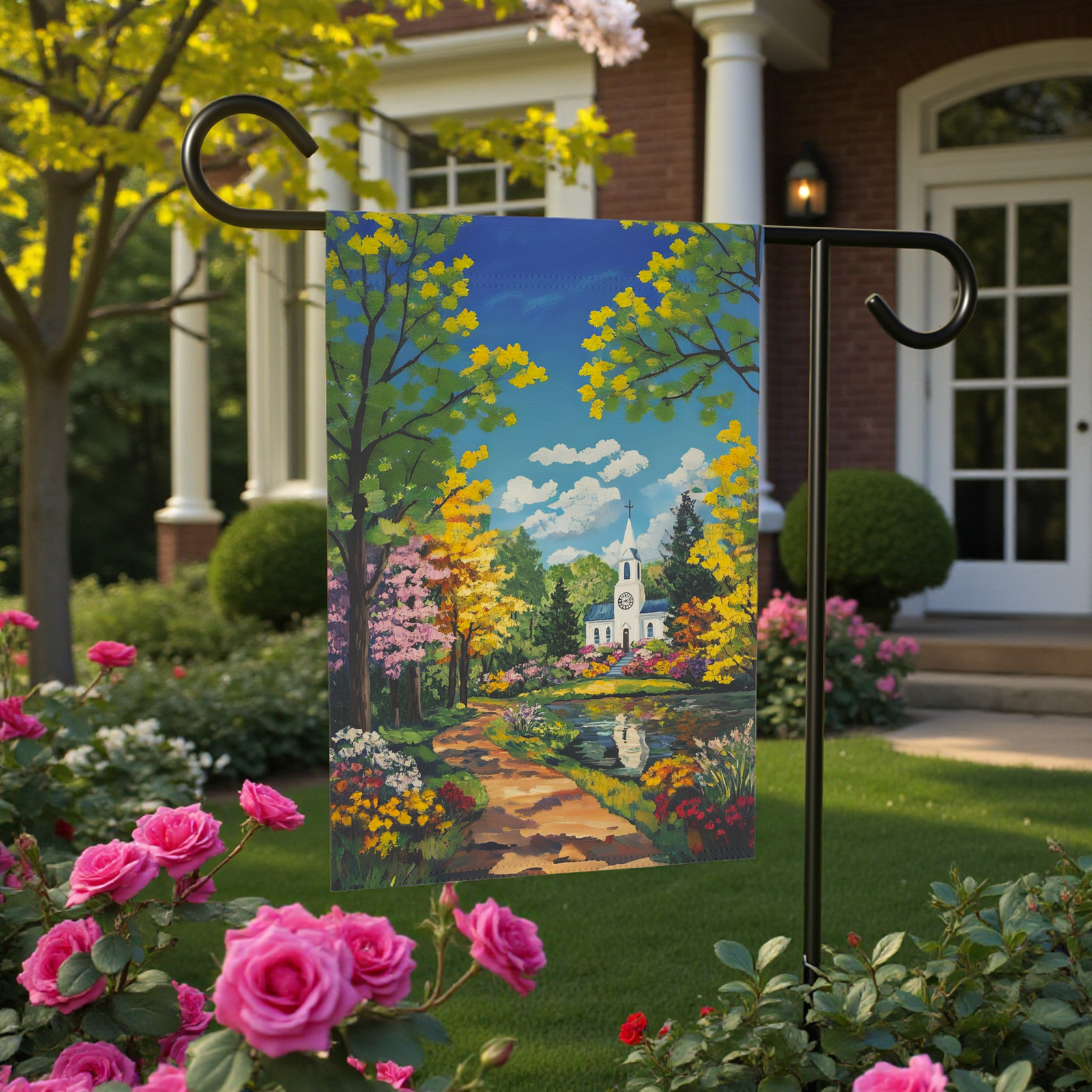 Bright Flower and White Church Garden Flag - Image 6