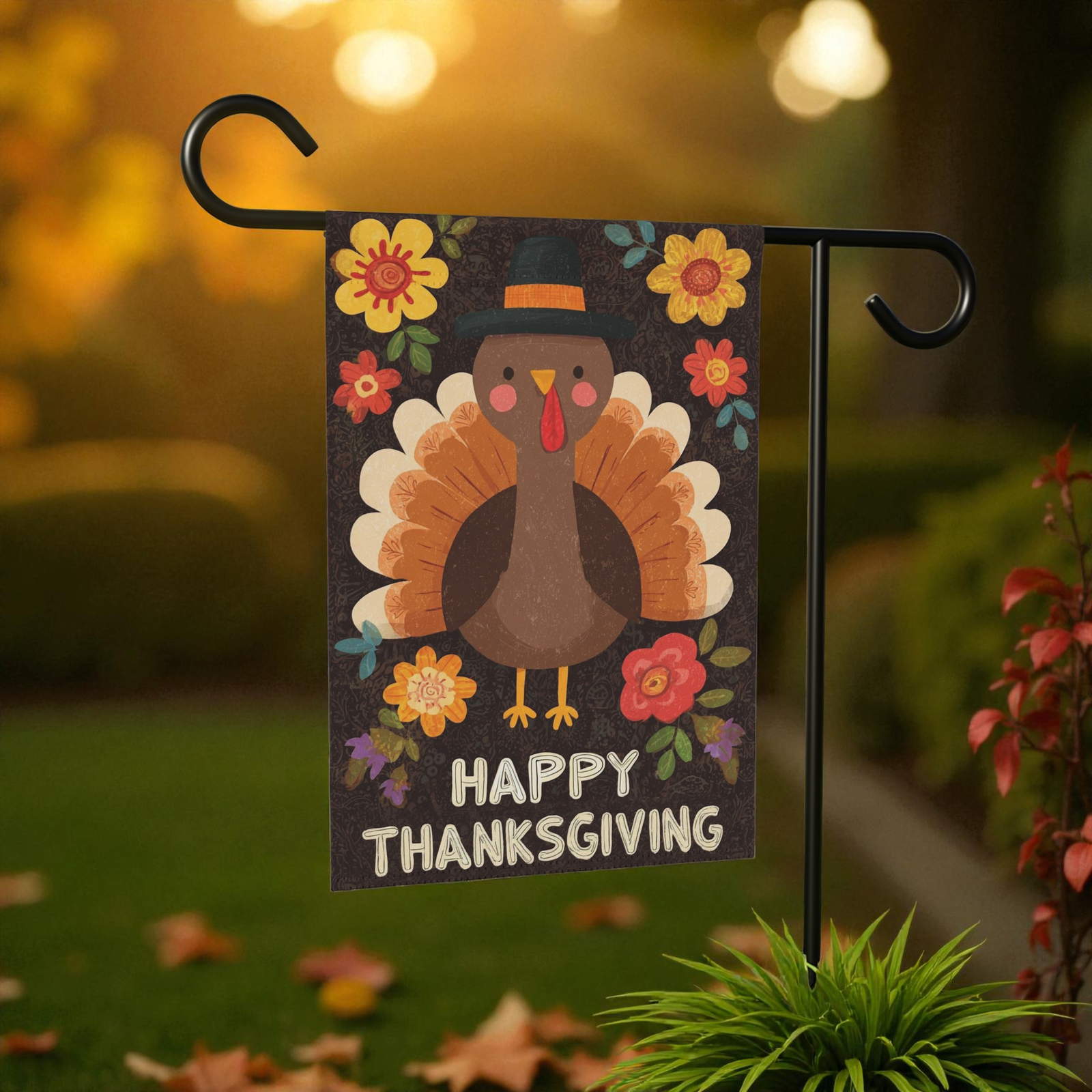 Yellow Flower Turkey Thanksgiving Garden Flag