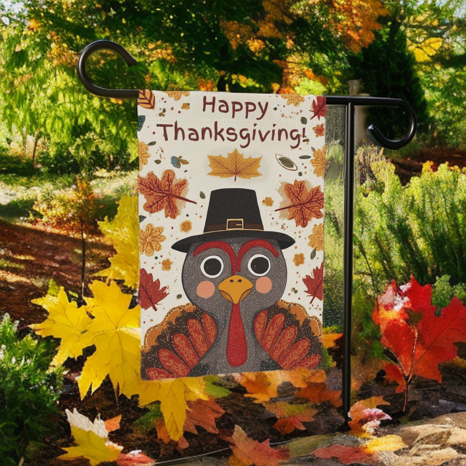 Happy Thanksgiving Pilgrim Hat Turkey Garden Flag - Image 5