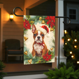 Poinsettia Wreath Red Boston Terrier Christmas Garden Flag