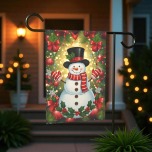 Red and White Striped Scarf Snowman Garden Flag