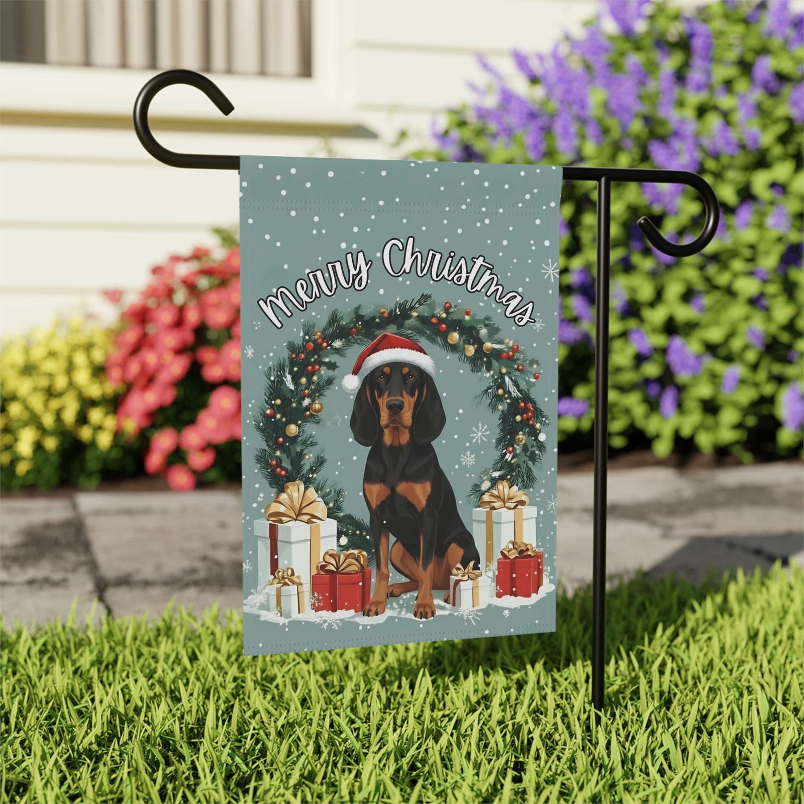 Merry Christmas Black and Tan Coonhound Garden Flag - Image 8