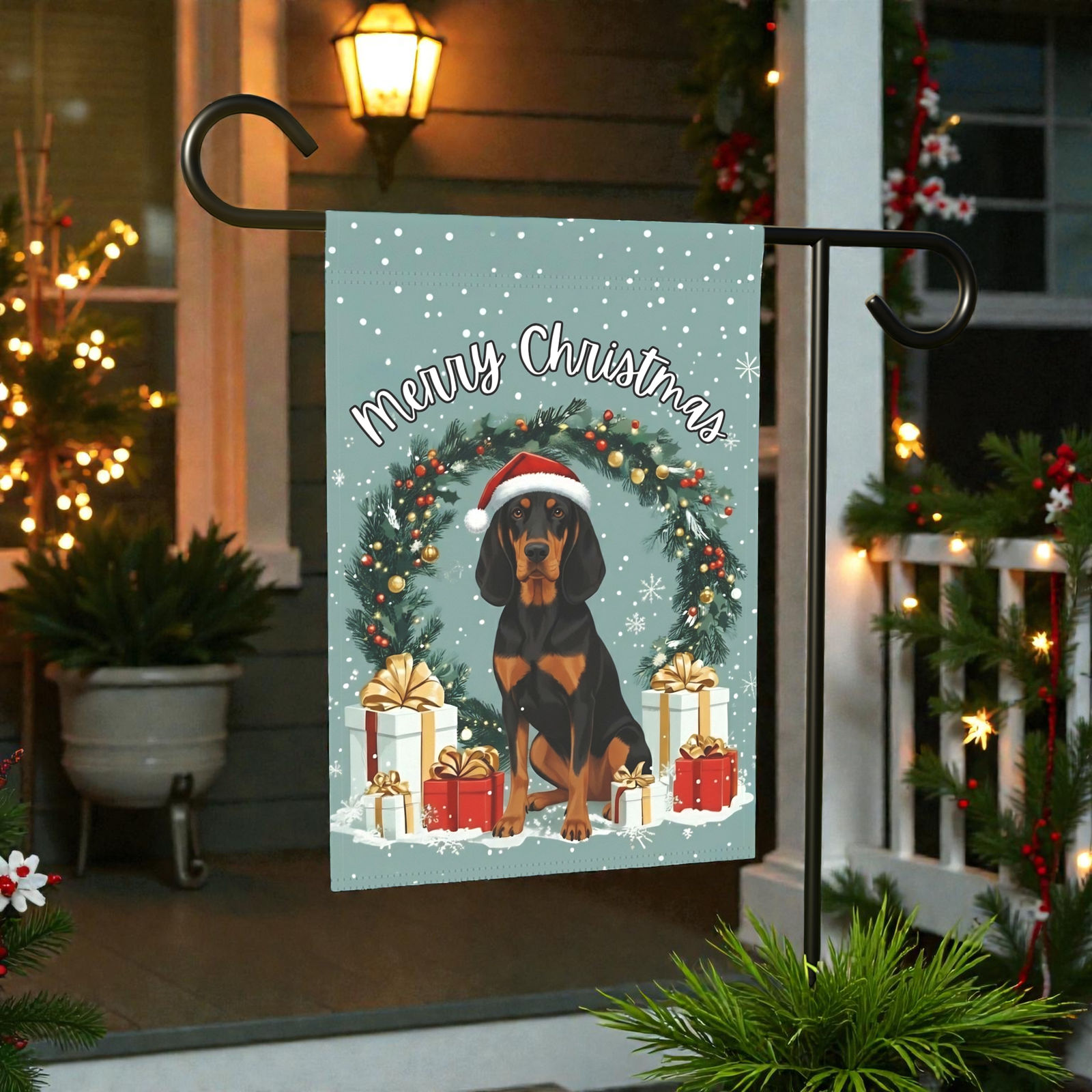 Merry Christmas Black and Tan Coonhound Garden Flag - Image 5