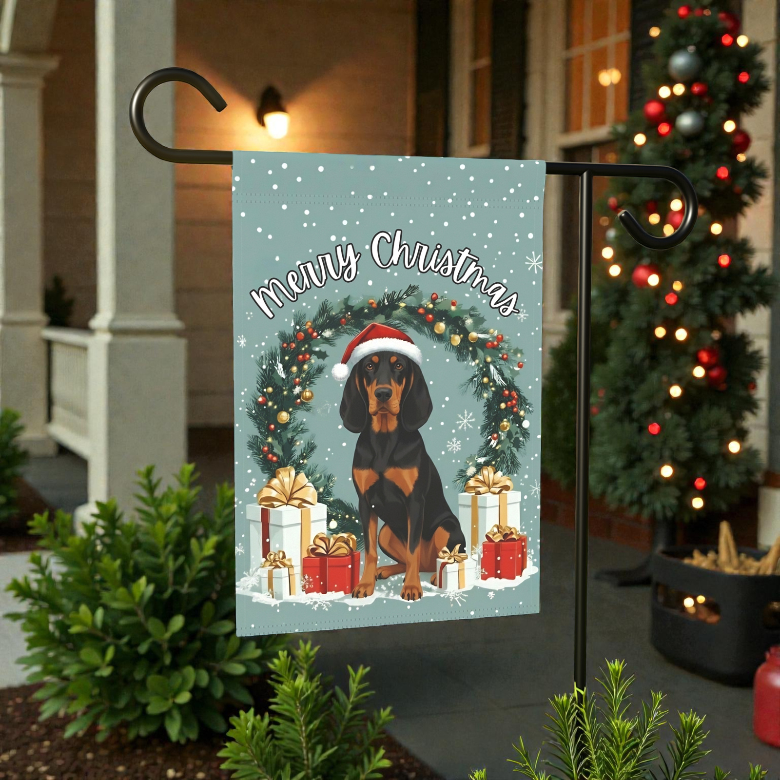 Merry Christmas Black and Tan Coonhound Garden Flag
