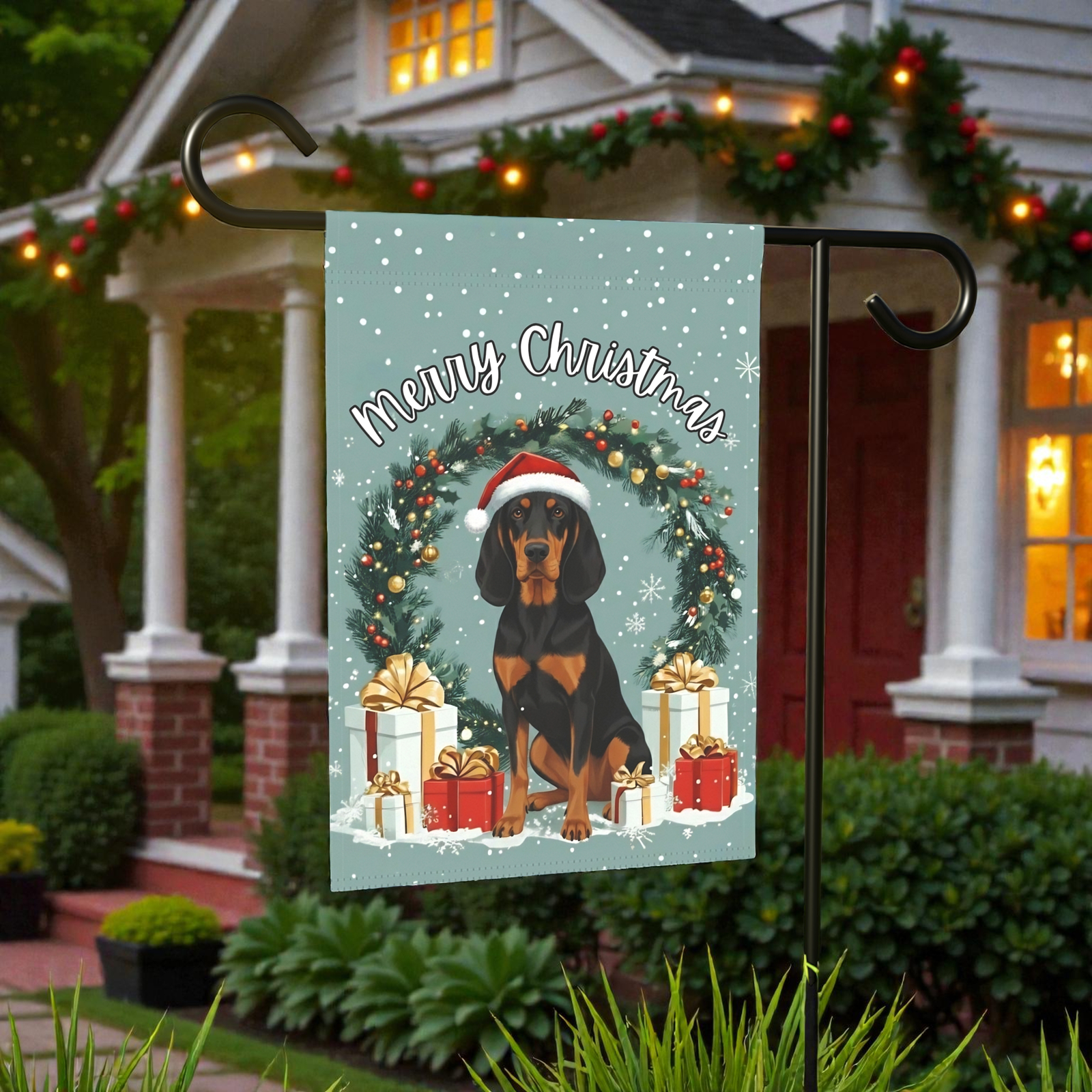 Merry Christmas Black and Tan Coonhound Garden Flag - Image 6