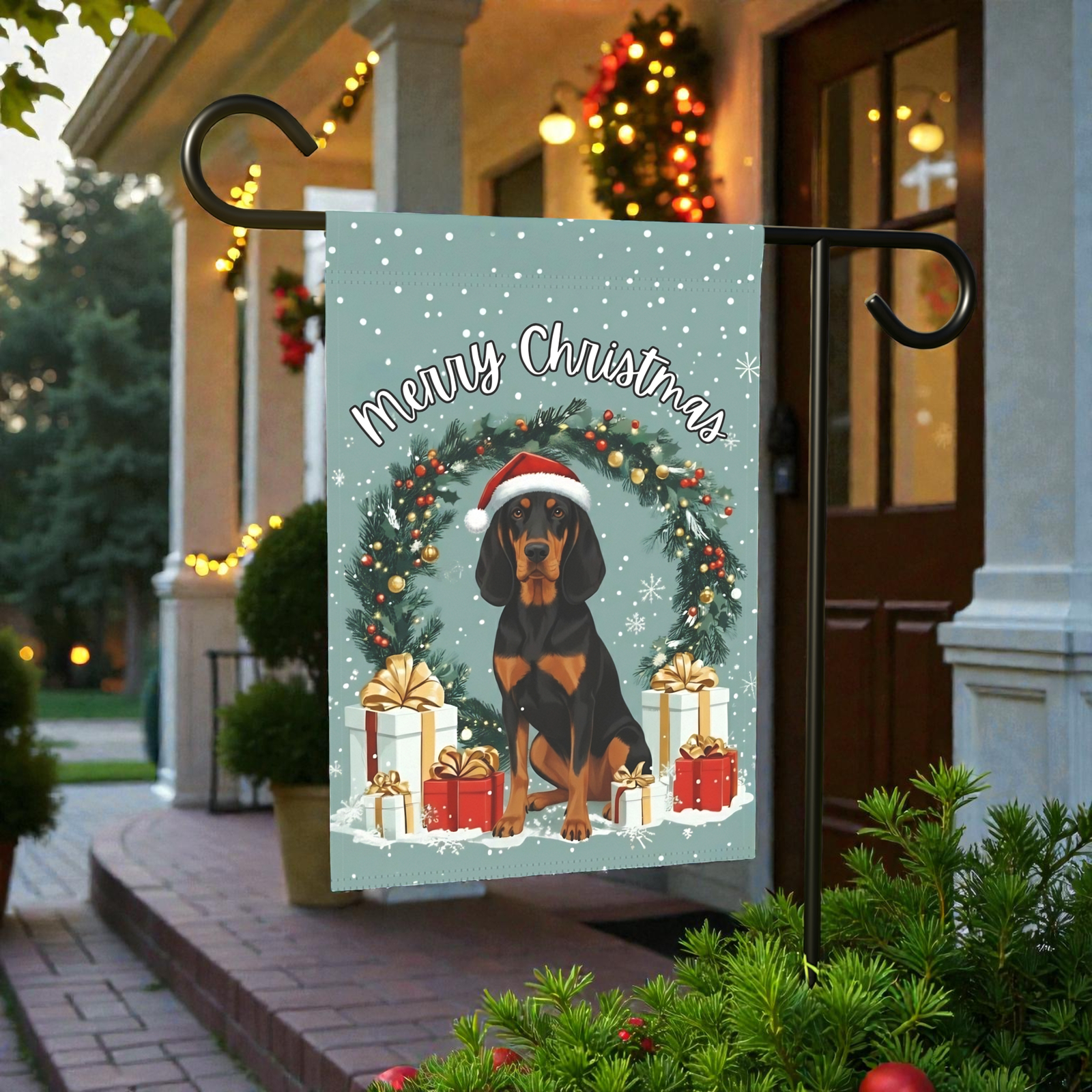 Merry Christmas Black and Tan Coonhound Garden Flag - Image 7