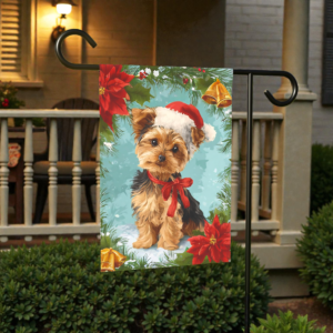 Poinsettia and Bells Yorkshire Terrier Christmas Garden Flag