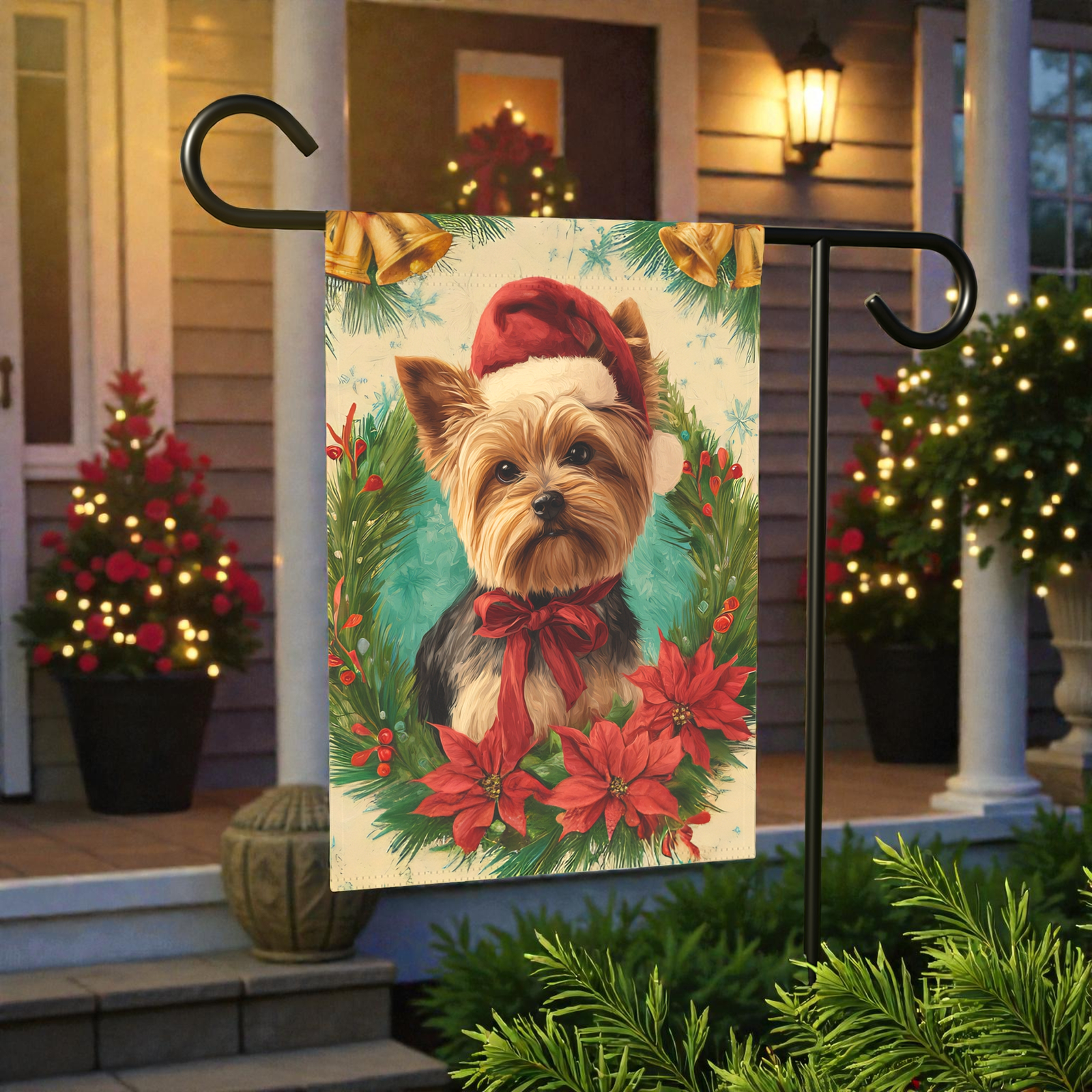Santa Hat and Bow Yorkshire Terrier Christmas Garden Flag