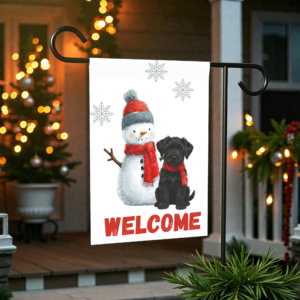 Black Russian Terrier and Snowman Welcome Garden Flag