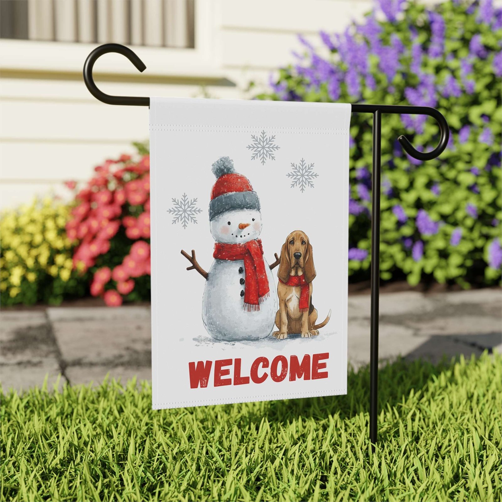 Bloodhound and Snowman Welcome Garden Flag - Image 8