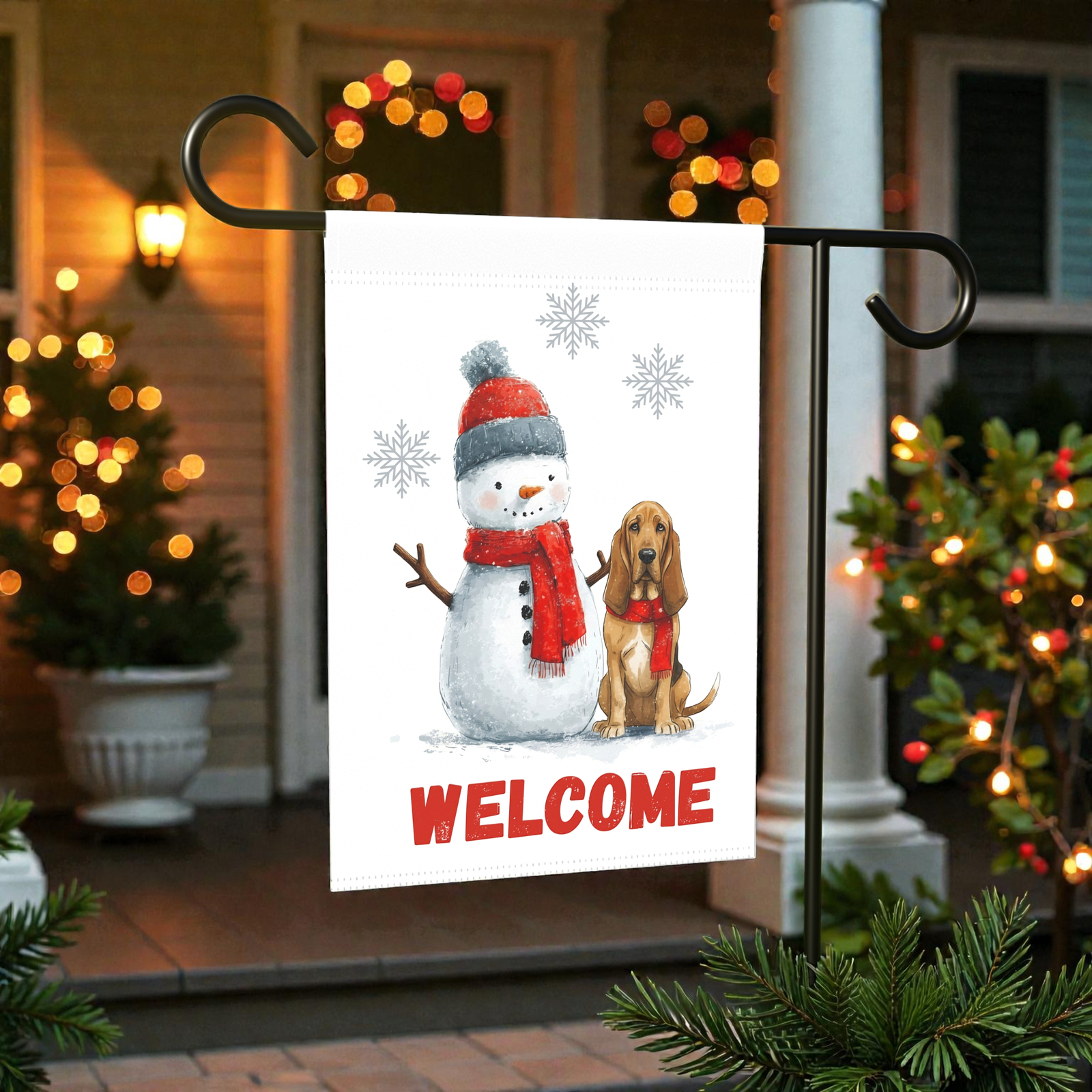 Bloodhound and Snowman Welcome Garden Flag
