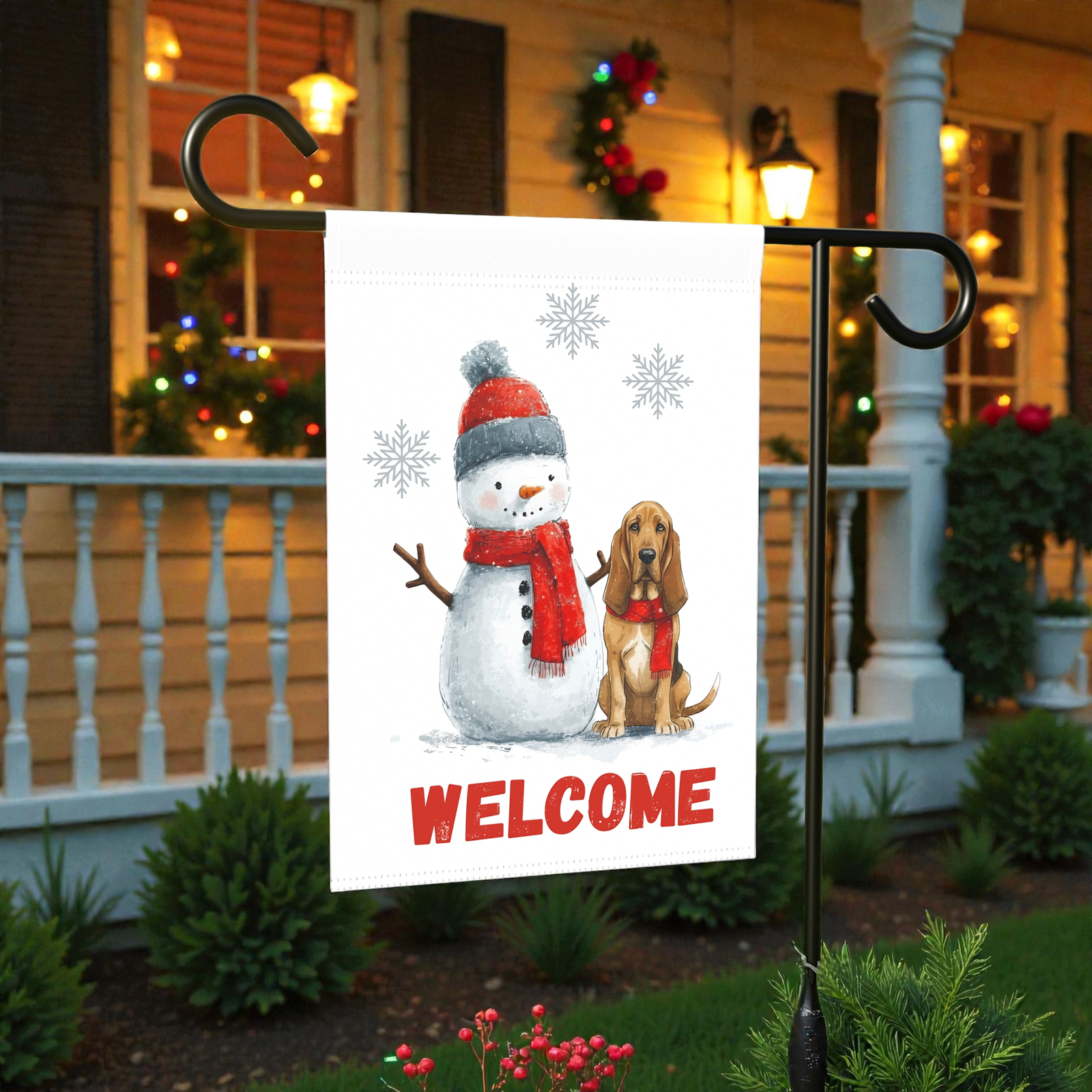 Bloodhound and Snowman Welcome Garden Flag - Image 6