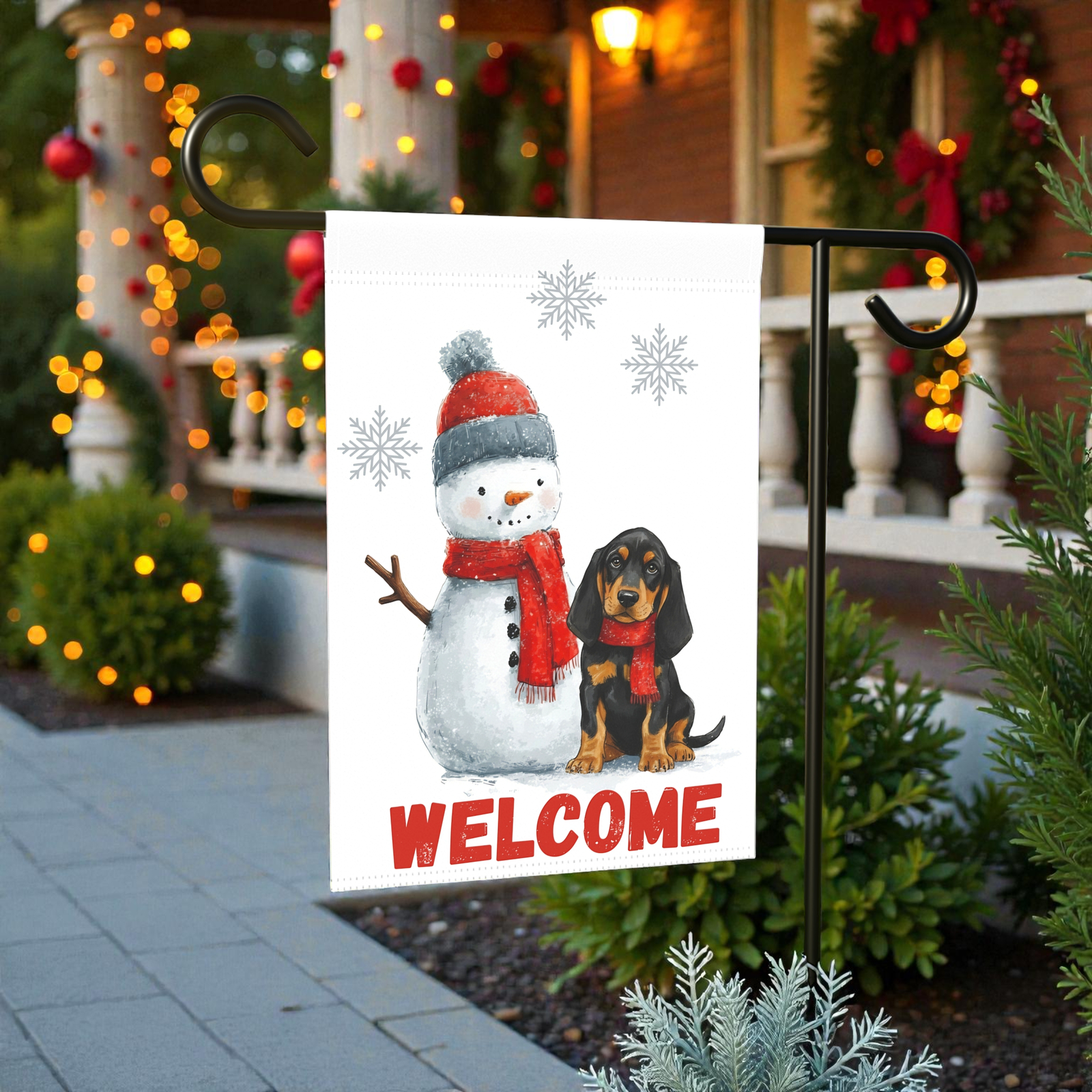 Black and Tan Coonhound and Snowman Welcome Flag - Image 7