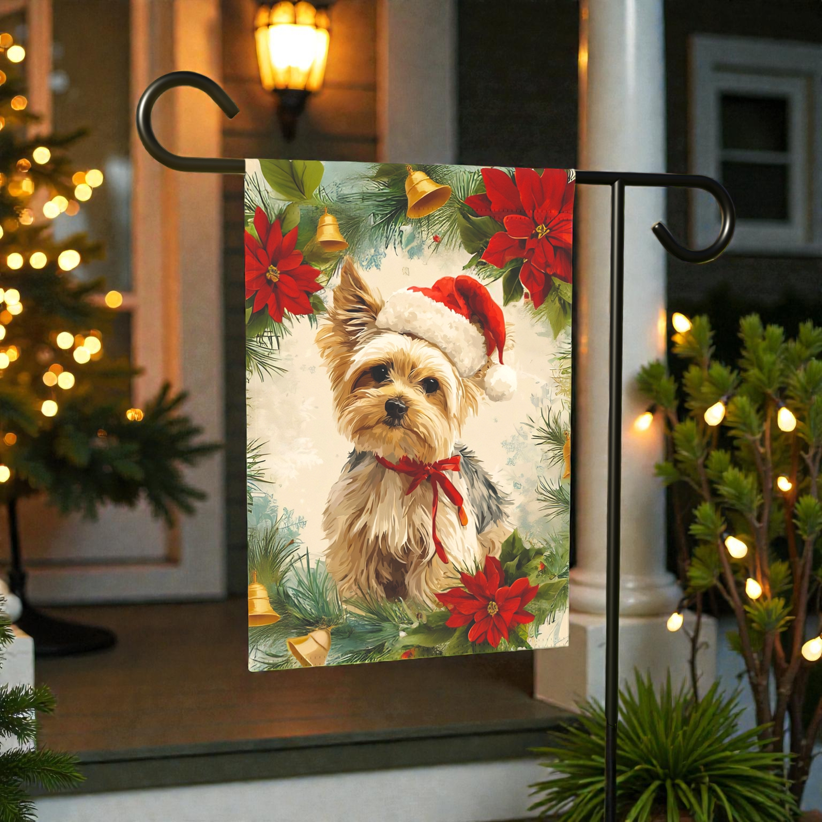 Yorkshire Terrier Poinsettia Wreath Garden Flag