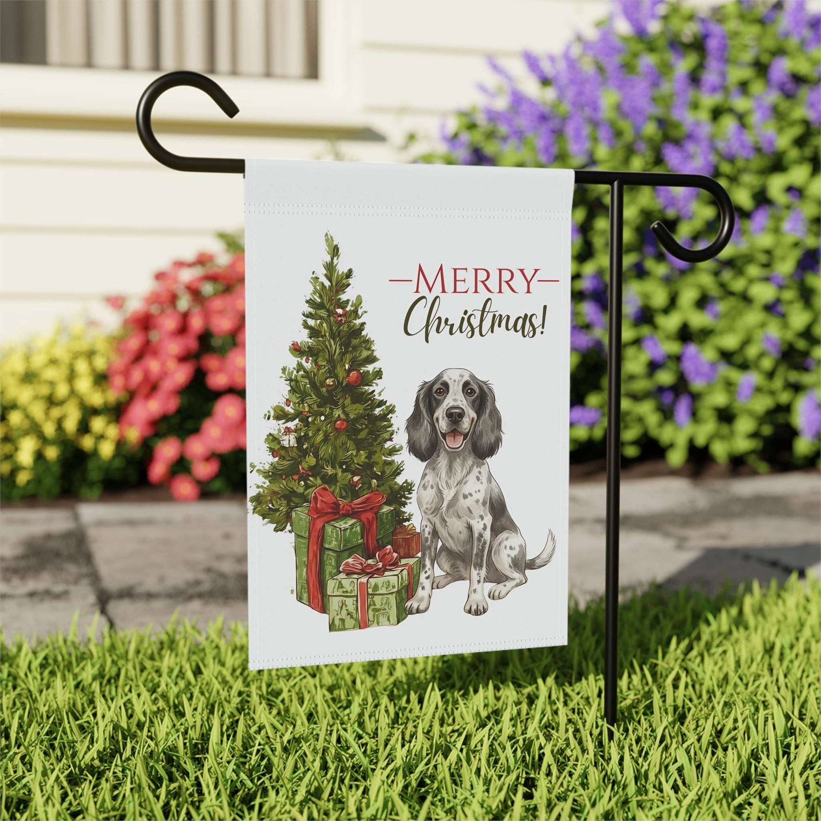 Blue Picardy Spaniel and Present Christmas Garden Flag - Image 8