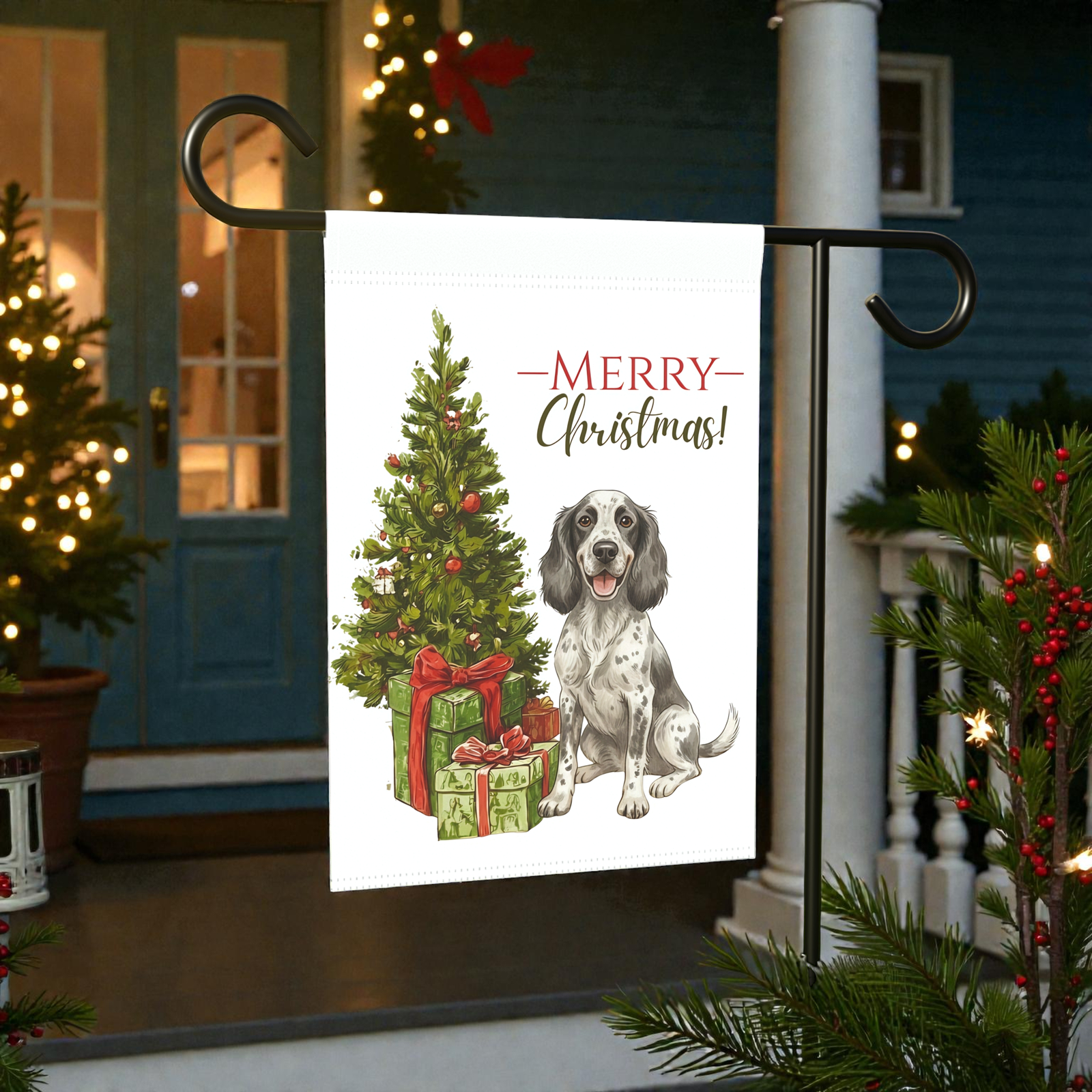 Blue Picardy Spaniel and Present Christmas Garden Flag - Image 6