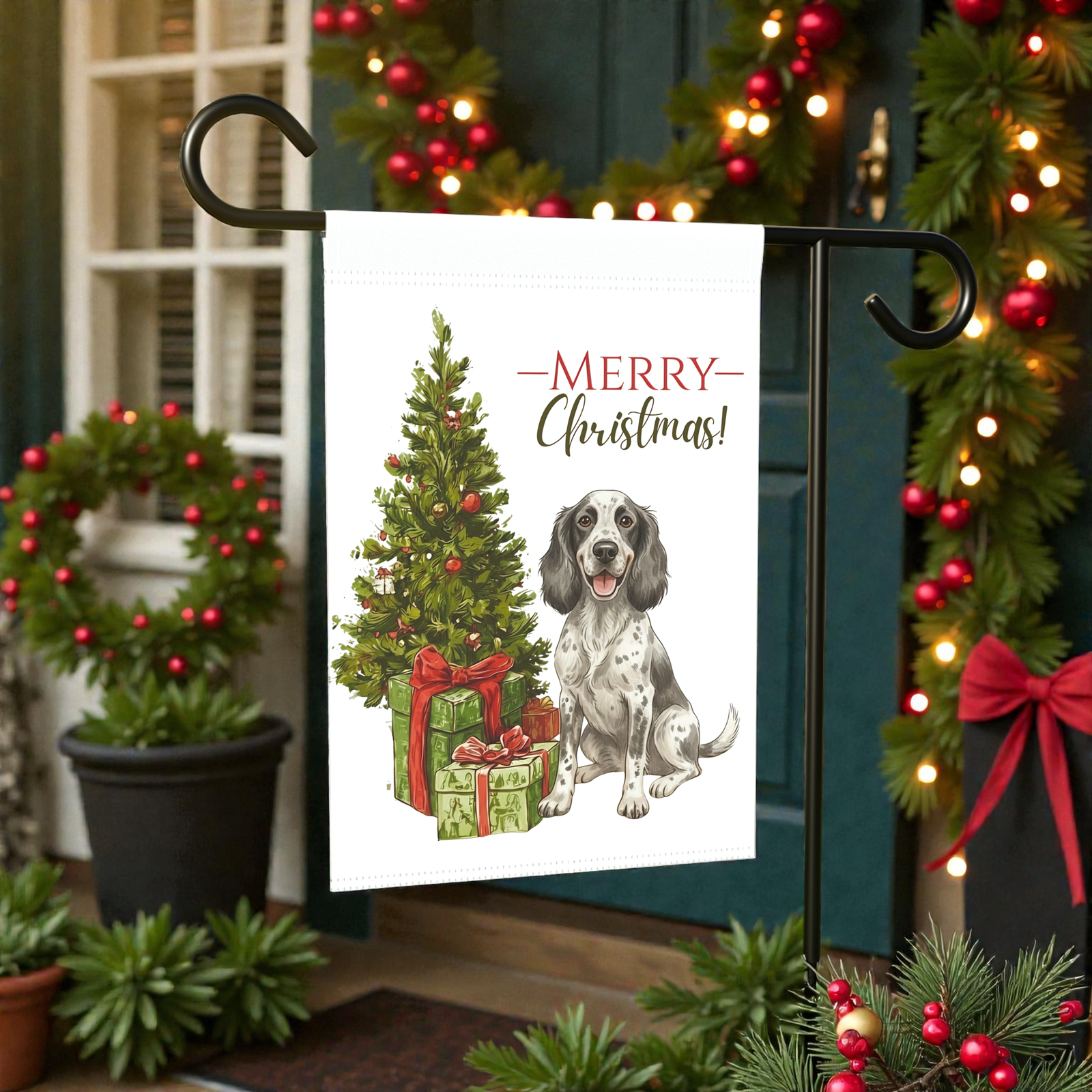 Blue Picardy Spaniel and Present Christmas Garden Flag - Image 5
