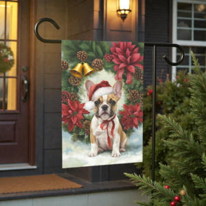 Poinsettia and Pinecone Wreath French Bulldog Garden Flag