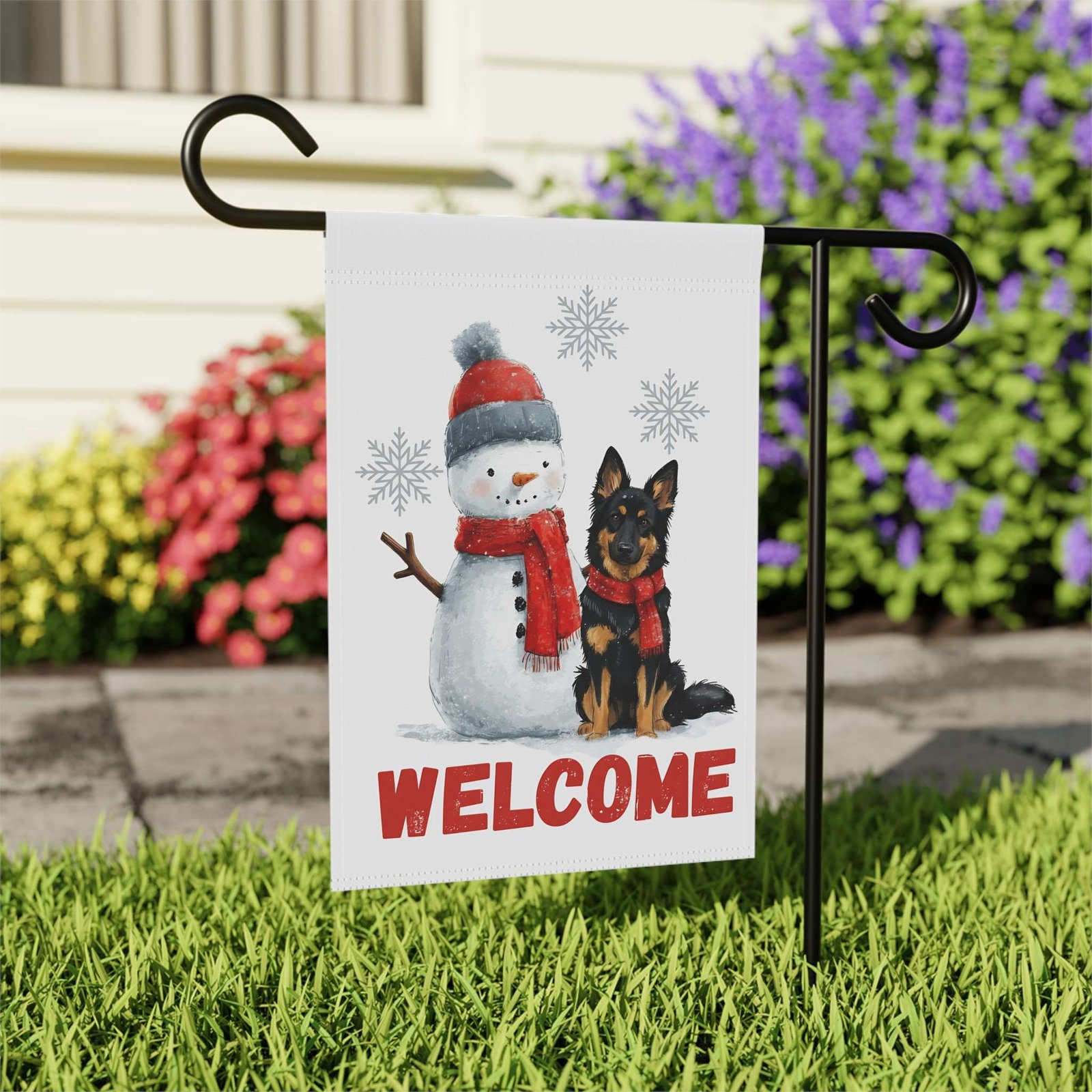 Bohemian Shepherd and Snowman Welcome Garden Flag - Image 8