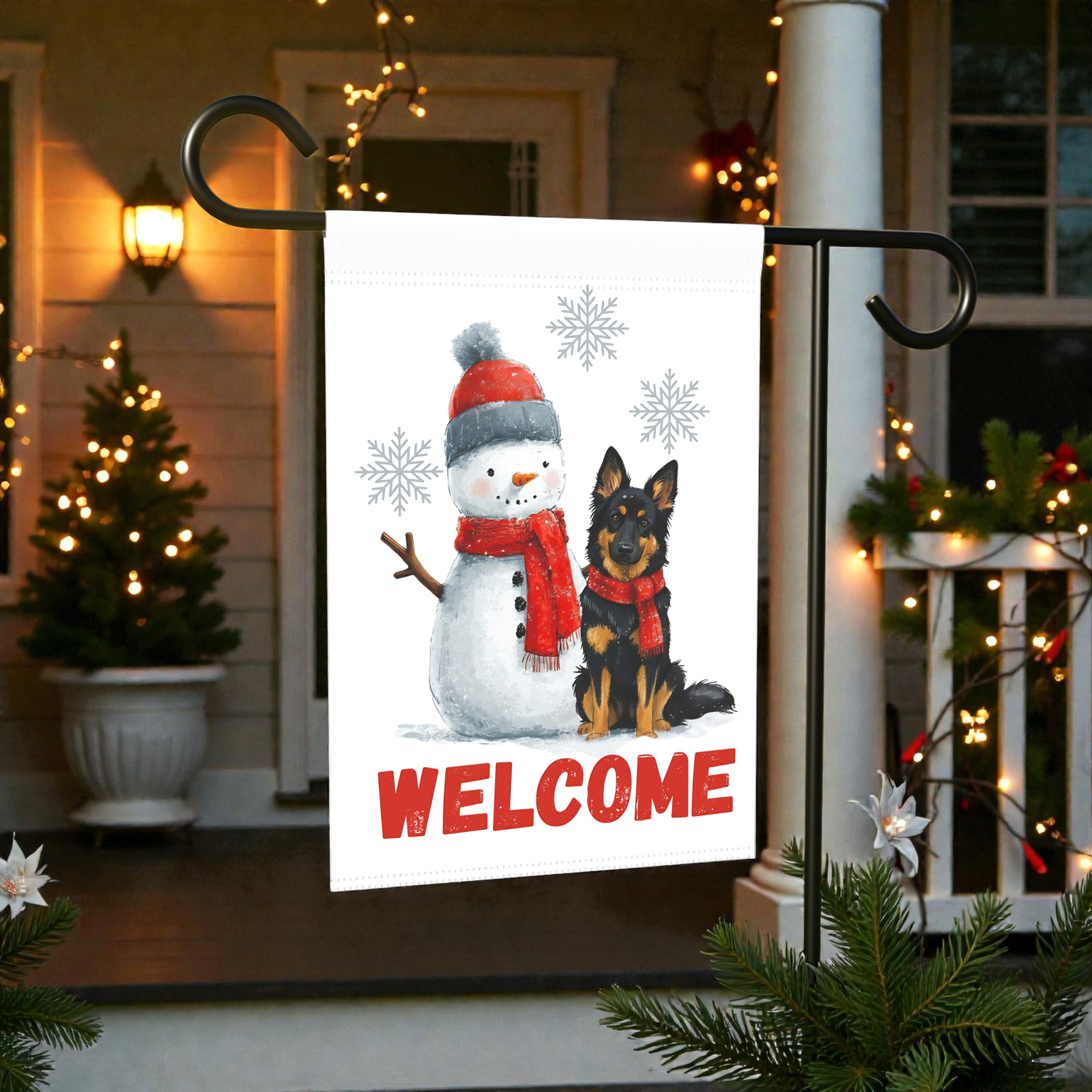 Bohemian Shepherd and Snowman Welcome Garden Flag