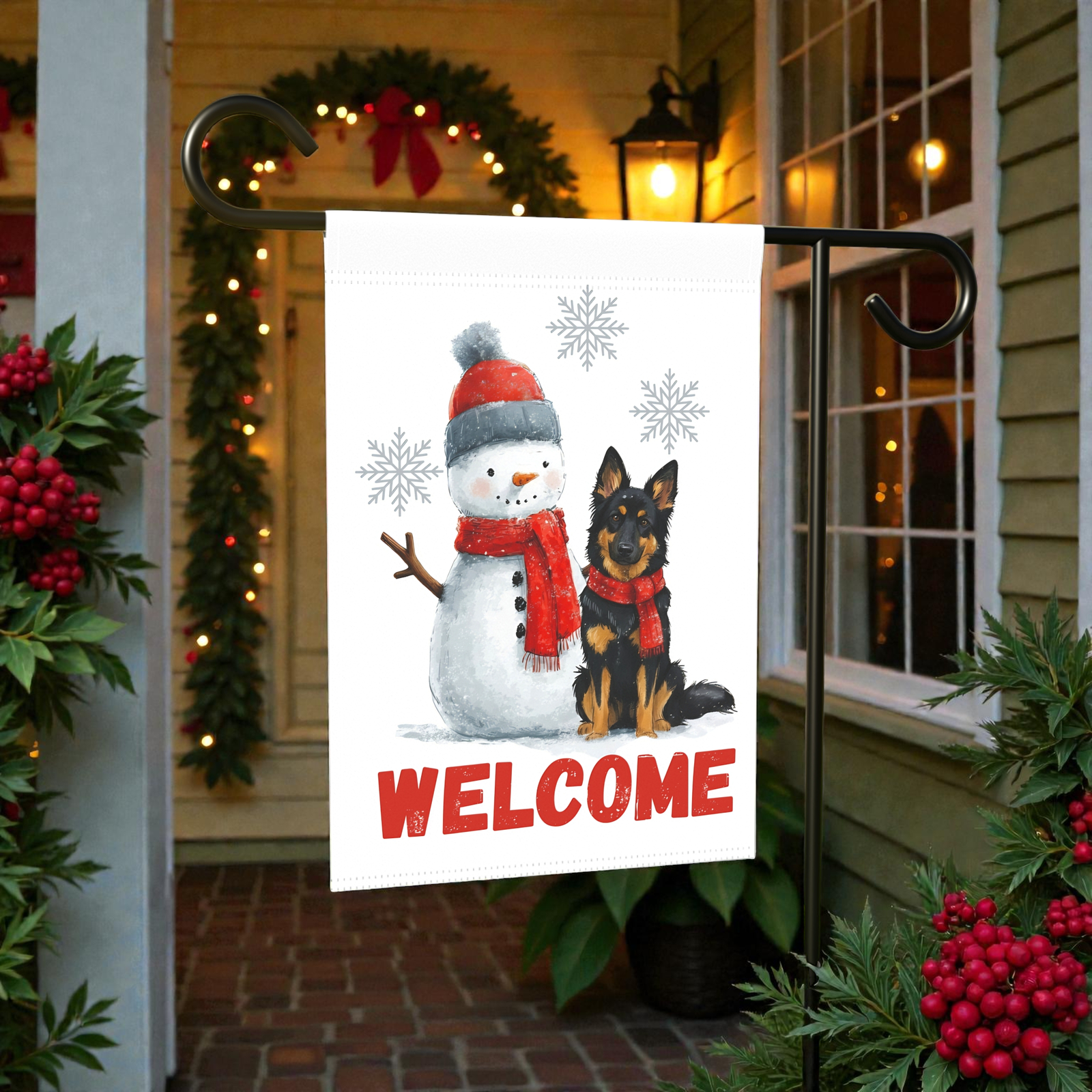 Bohemian Shepherd and Snowman Welcome Garden Flag - Image 6