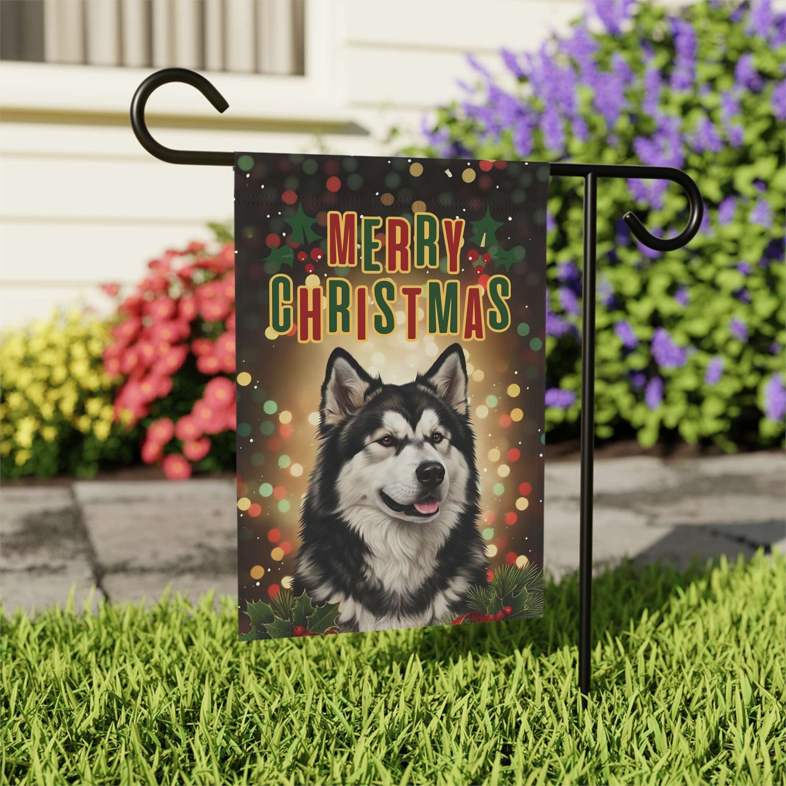 Merry Christmas in Lights Alaskan Malamute Garden Flag - Image 8